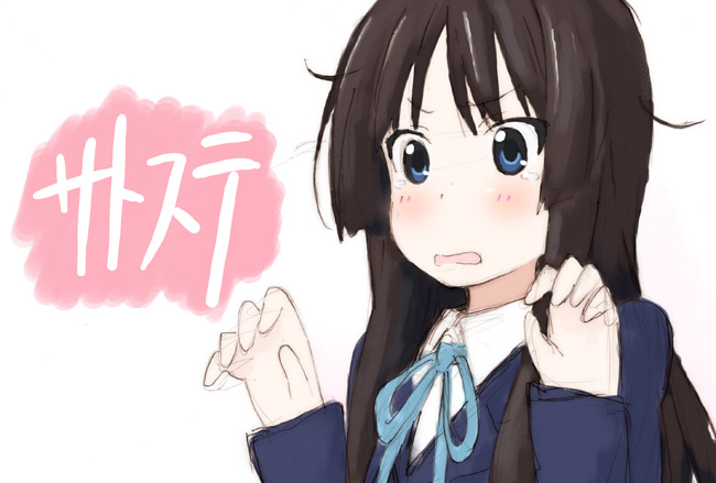 akiyama mio, k-on!, 00s, 1girl, blazer, blue eyes, blue ribbon, brown hair, collared shirt, female focus, furrowed brow, jacket, long hair, long sleeves, ribbon, school uniform, shirt, simple background, sketch, solo, teardrop, upper body, wavy mouth, white background, white shirt, wing collar