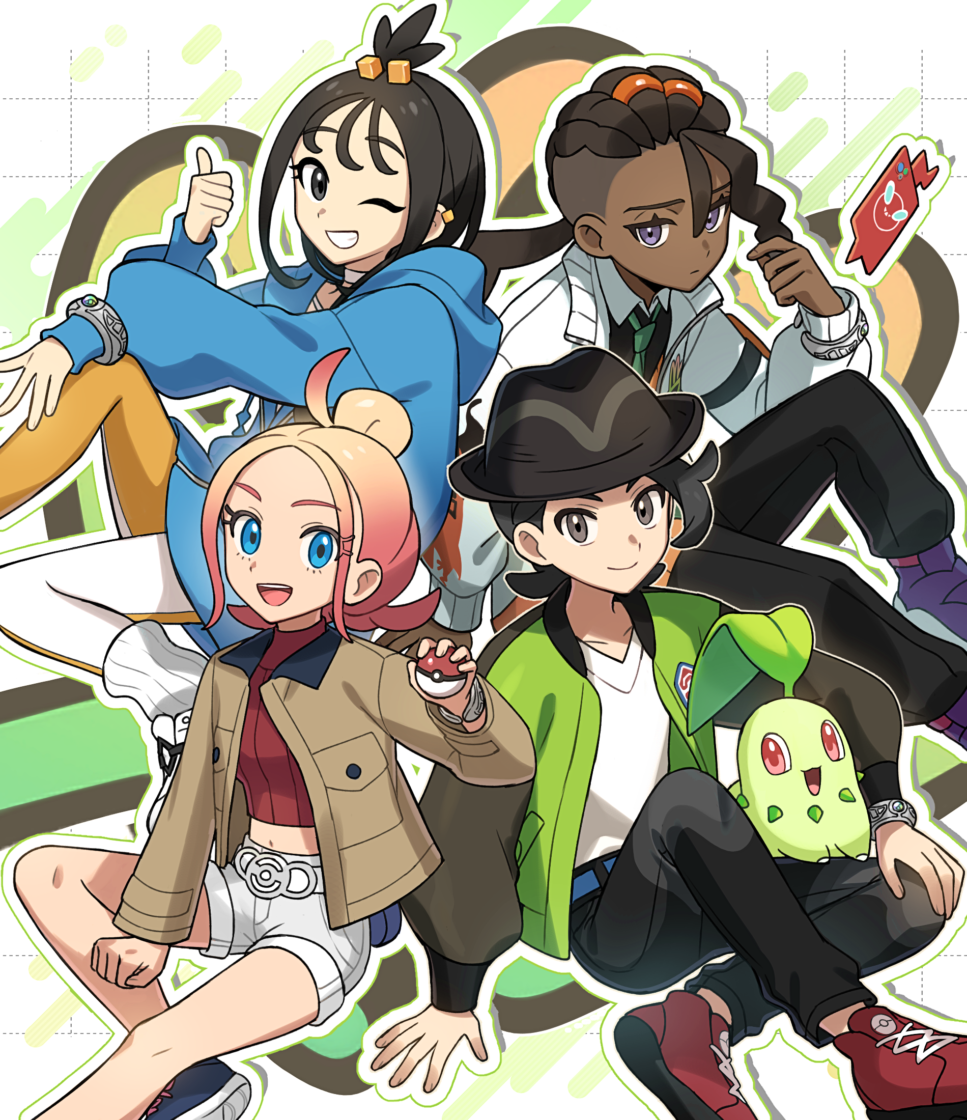 iruiru popopo, chikorita, lida (pokemon), naveen (pokemon), paxton (pokemon), rotom, rotom phone, taunie (pokemon), nintendo, pokemon, pokemon legends: z-a, commentary request, highres, 2boys, 2girls, :d, belt, black hair, black pants, blue belt, blue eyes, blue hoodie, bracelet, brown jacket, closed mouth, collared shirt, cube hair ornament, dark-skinned male, dark skin, gen 2 pokemon, gen 4 pokemon, green jacket, green necktie, grid background, grin, hair ornament, hand up, hat, holding, holding poke ball, hood, hood down, hoodie, jacket, jewelry, leggings, long sleeves, looking at viewer, multiple boys, multiple girls, necktie, one eye closed, open clothes, open jacket, open mouth, pants, poke ball, poke ball (basic), pokemon (creature), red shirt, red shoes, ribbed socks, shirt, shoes, shorts, smile, socks, teeth, thumbs up, topknot, white jacket, white shirt, white socks