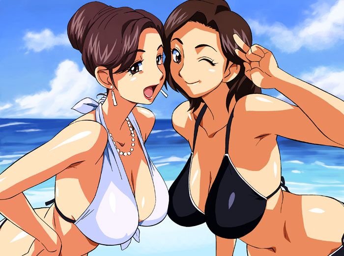 cirima, volvox, misumi rie, yukishiro aya, futari wa precure, precure, 00s, 2girls, bare shoulders, beach, bent over, bikini, black bikini, breasts, brown hair, cleavage, day, earrings, eyelashes, female focus, front-tie top, hanging breasts, huge breasts, jewelry, large breasts, leaning forward, long hair, mature female, multiple girls, necklace, one eye closed, open mouth, outdoors, red lips, smile, strap gap, swimsuit, v, white bikini, wink