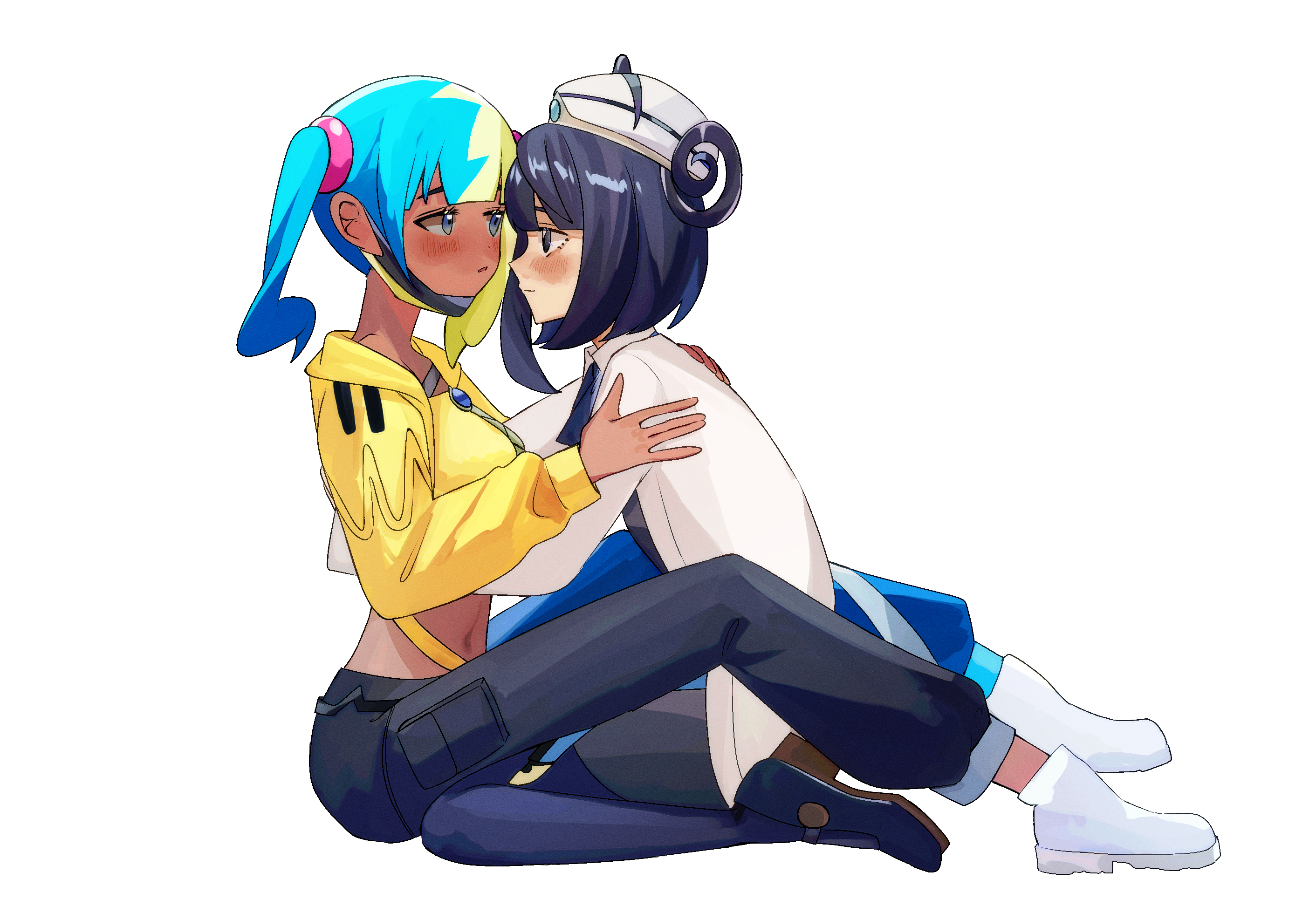 pofopyoso, canari (pokemon), gwynn (pokemon), nintendo, pokemon, pokemon legends: z-a, highres, 2girls, aqua hair, between legs, black hair, black pants, black shoes, blonde hair, blue pants, blush, bob cut, coat, crop top, cropped jacket, dark-skinned female, dark skin, full body, hat, jacket, long sleeves, looking at another, mask pull, multicolored hair, multiple girls, navel, pants, pantyhose, shoes, short hair, sitting, split-color hair, twintails, two-tone hair, two-tone pants, white background, white coat, white hat, white shoes, yellow jacket, yuri