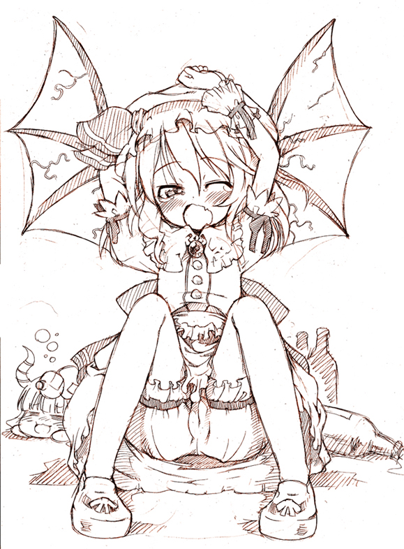sooma (ouka zero shiki), remilia scarlet, touhou, 1girl, bloomers, female focus, monochrome, pink theme, solo, underwear