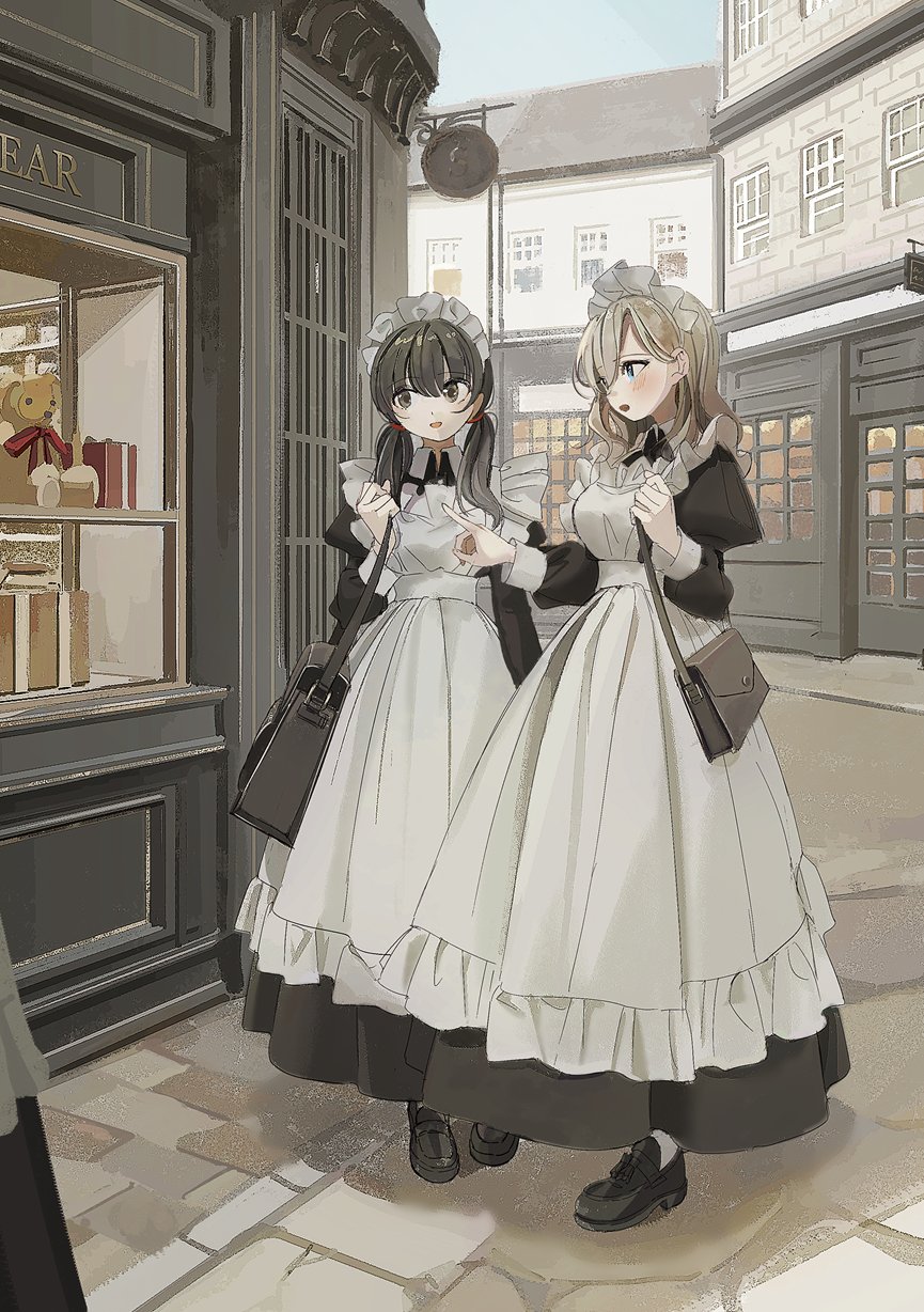 shii (kairi-t-k0317), original, commentary request, highres, 2girls, apron, bag, black dress, black eyes, black hair, black shoes, blonde hair, blue eyes, building, day, dress, frilled apron, frills, handbag, juliet sleeves, loafers, long sleeves, low twintails, maid, maid apron, maid headdress, multiple girls, outdoors, pointing, puffy sleeves, shoes, shoulder bag, storefront, stuffed animal, stuffed toy, teddy bear, twintails, victorian maid, white apron