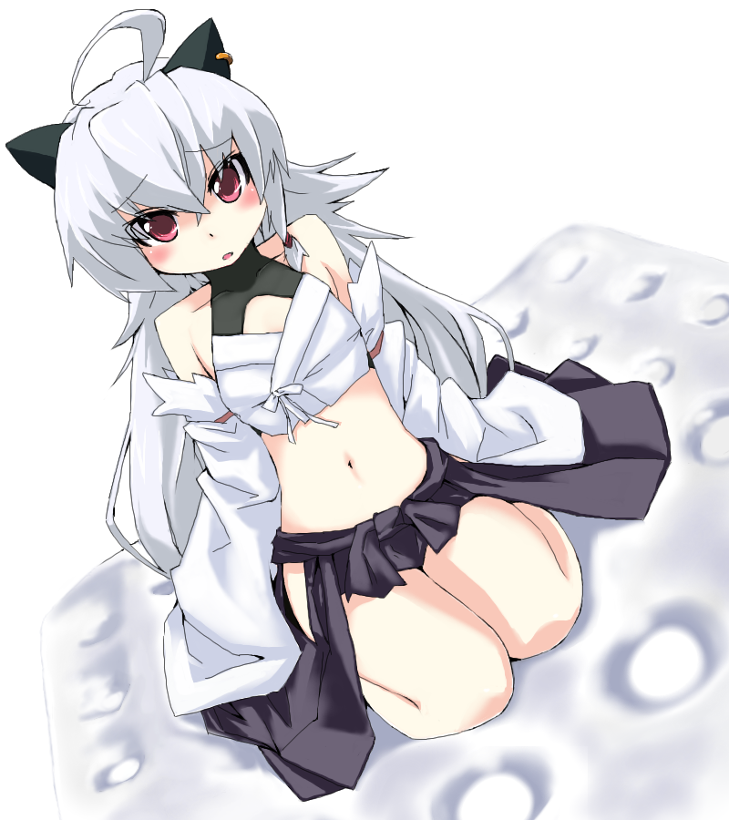 grune, shiroko (reku), original, duplicate, 1girl, ahoge, blush, female focus, horns, long hair, midriff, red eyes, solo, white hair