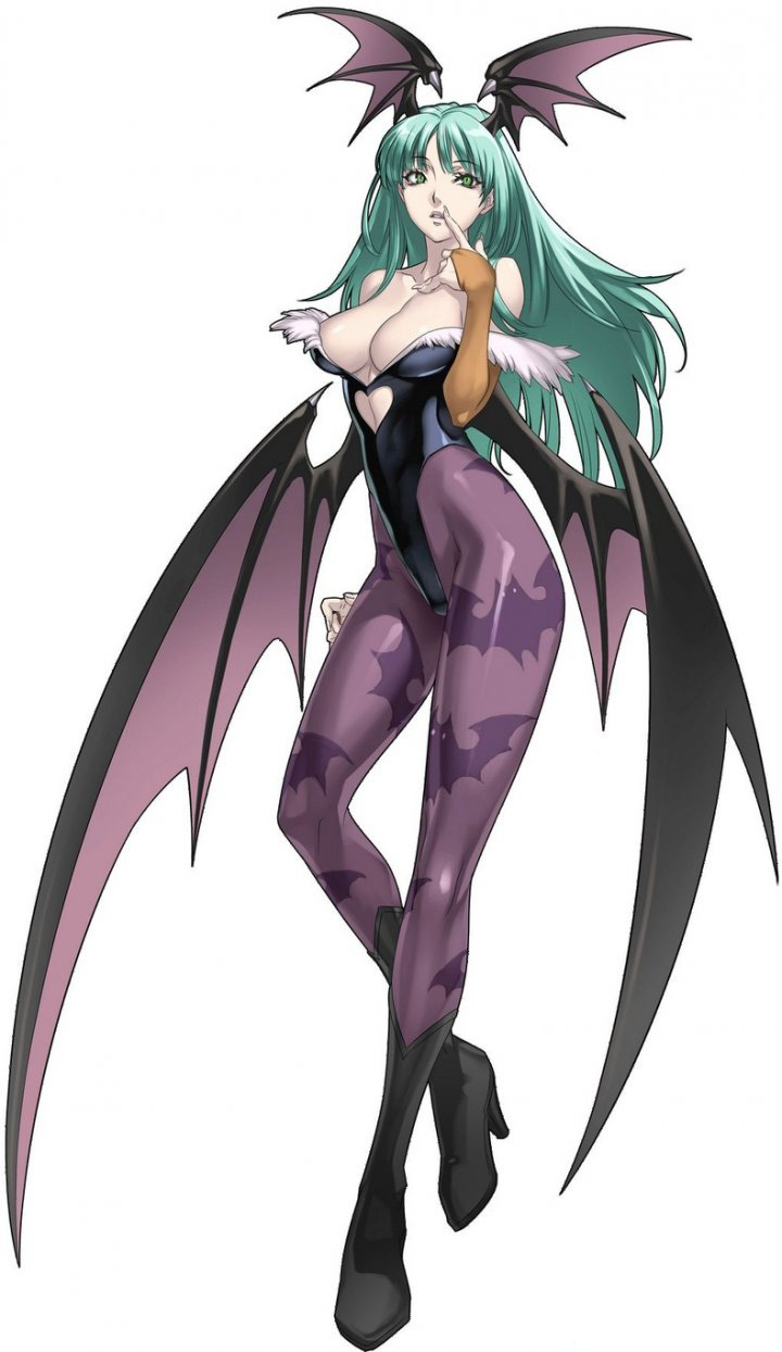 nakamura tatsunori, morrigan aensland, capcom, cross edge, darkstalkers, highres, official art, 1girl, animal print, aqua hair, bare shoulders, bat print, bat wings, blue hair, boots, breasts, bridal gauntlets, cleavage, clothing cutout, cutout above navel, demon girl, demon wings, elbow gloves, female focus, finger to mouth, full body, fur trim, gloves, green eyes, green hair, head wings, high heels, highleg, highleg leotard, knee boots, large breasts, leotard, long hair, long legs, matching hair/eyes, open mouth, pantyhose, parted lips, pointing, print pantyhose, purple pantyhose, shiny clothes, shoes, simple background, solo, standing, wings