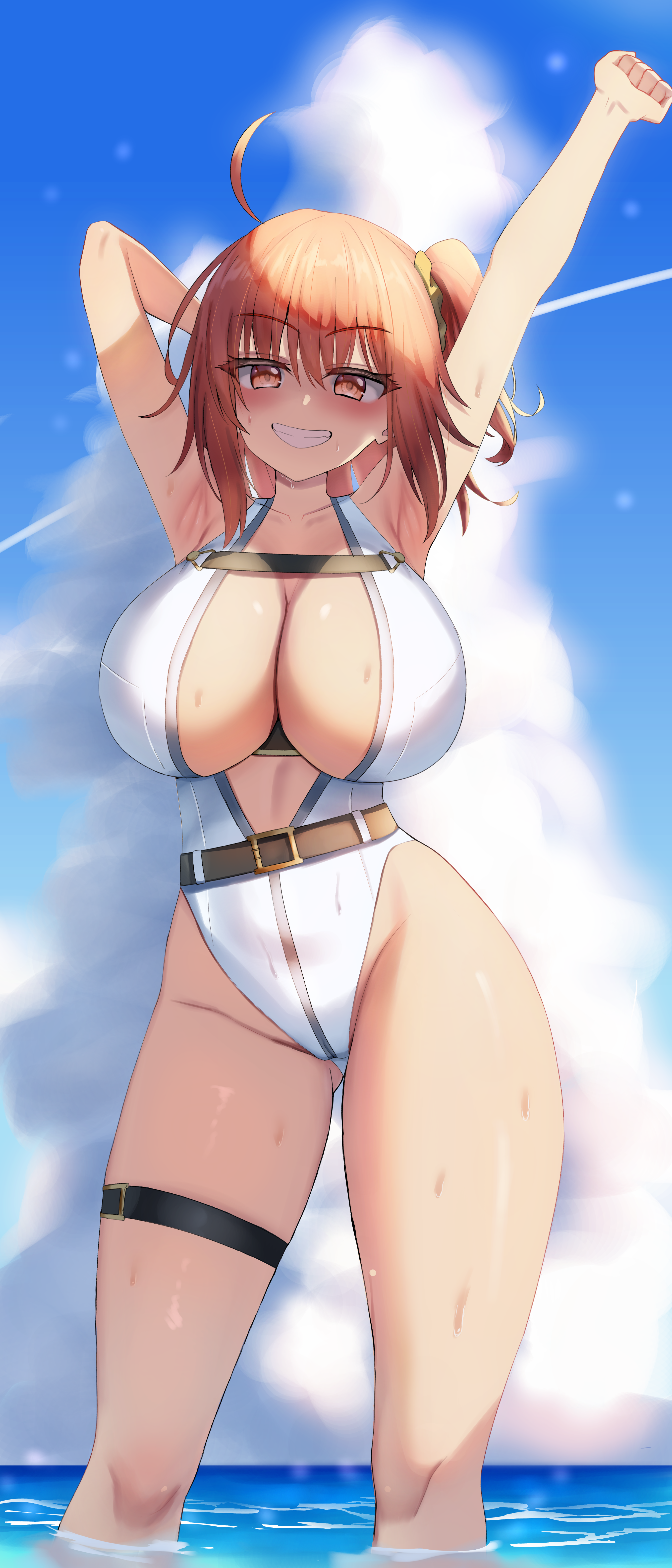 jo (pixiv29989419), fujimaru ritsuka (female), fate/grand order, fate (series), absurdres, highres, 1girl, ahoge, armpits, arms up, bare shoulders, belt, blue sky, blush, breasts, grin, highleg, highleg leotard, large breasts, leotard, looking at viewer, ocean, one side up, orange eyes, orange hair, short hair, sky, smile, solo, thighs, wet, white leotard