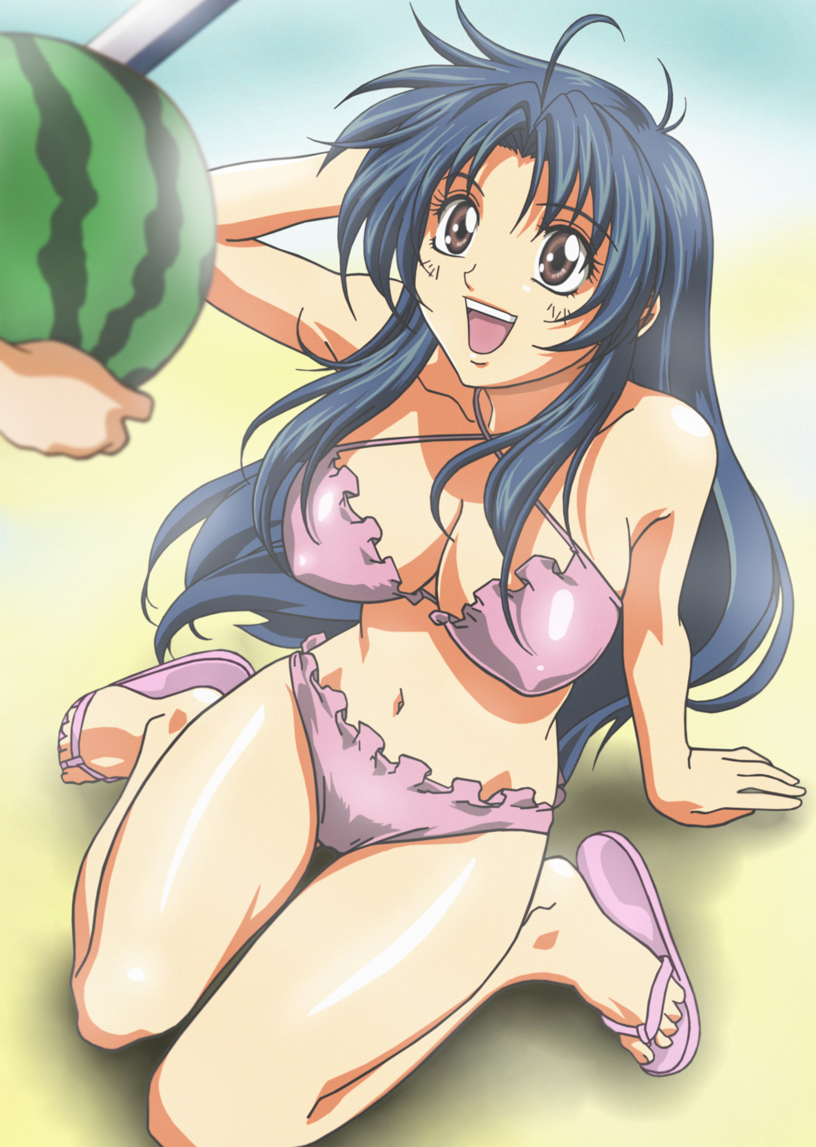 chidori kaname, full metal panic!, absurdres, highres, third-party edit, 00s, 1girl, beach, bikini, blue hair, brown eyes, day, female focus, flip-flops, food, fruit, holding, holding food, holding fruit, holding watermelon, long hair, pink bikini, sandals, solo, swimsuit, thighs, watermelon