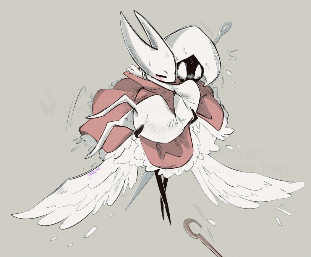 hornet (hollow knight), lace (hollow knight), hollow knight, hollow knight: silksong, 2girls, arthropod girl, blank eyes, blush, bodysuit, carrying, cloak, feathered wings, full body, grey background, hat, hollow eyes, horned mask, juliet sleeves, long sleeves, looking at another, mask, multiple girls, needle (hollow knight), nervous sweating, no mouth, pin (hollow knight), princess carry, puffy sleeves, red cloak, scared, simple background, sweat, watermark, weapon, white bodysuit, white hat, white mask, wings, wizartyesi