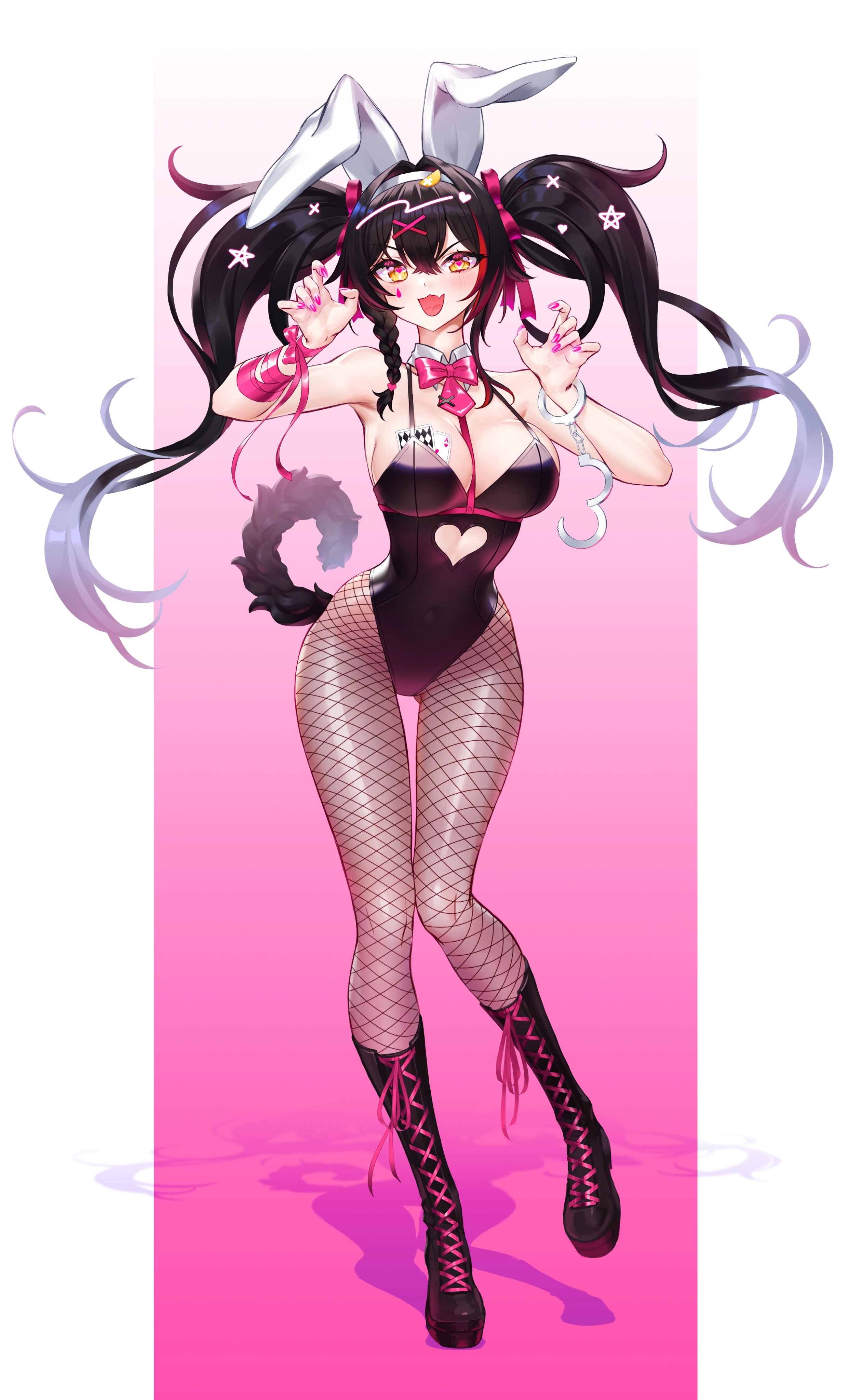 nono hashi, ookami mio, hololive, rabbit hole (vocaloid), absurdres, commentary, highres, 1girl, :d, ace (playing card), ace of hearts, alternate costume, alternate hairstyle, animal ears, black boots, black hair, black leotard, boots, bow, bowtie, braid, braided sidelock, breasts, card, cleavage, clothing cutout, crossed bangs, cuffs, cutout above navel, detached collar, fake animal ears, fang, fishnet pantyhose, fishnets, full body, gluteal fold, hair ornament, hairband, handcuffs, hands up, heart, heart-shaped pupils, heart cutout, heart hair ornament, highleg, highleg leotard, knee boots, knees together feet apart, lace-up boots, large breasts, leotard, long hair, looking at viewer, multicolored hair, nail polish, open mouth, pantyhose, pink bow, pink bowtie, pink nails, pink pupils, playboy bunny, playing card, rabbit ears, red hair, sidelocks, skin fang, smile, solo, star (symbol), star hair ornament, straight-on, streaked hair, symbol-shaped pupils, tail, teardrop facial mark, twintails, very long hair, virtual youtuber, white hair, white hairband, wolf ears, wolf girl, wolf tail, x hair ornament, yellow eyes