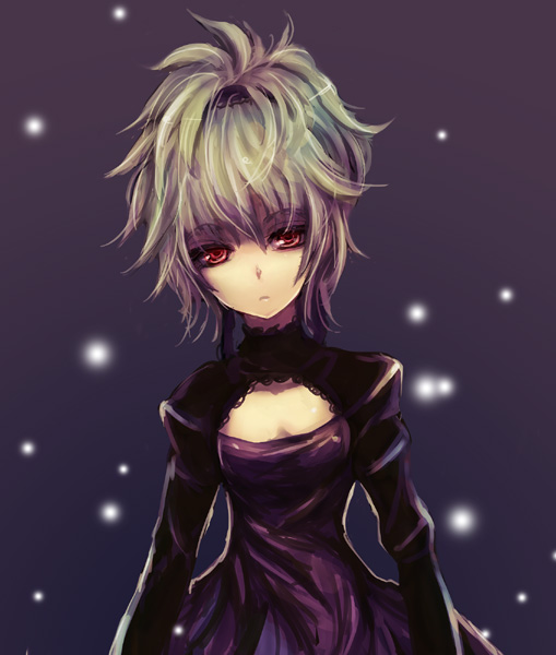kara (color), yin (darker than black), darker than black, silver hair, 00s, 1girl, cleavage cutout, clothing cutout, dress, female focus, hair up, head tilt, purple dress, red eyes, serious, snow, solo