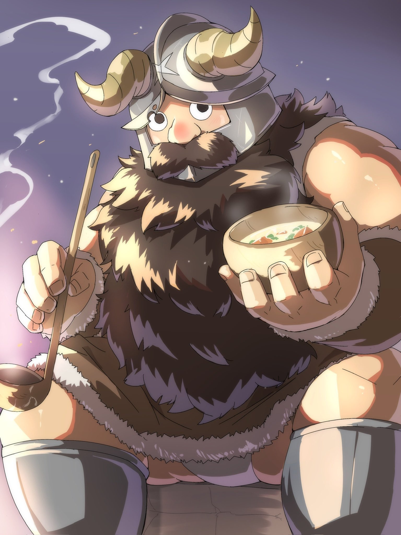 emu 426, senshi (dungeon meshi), dungeon meshi, commentary, highres, 1boy, beard, bowl, cooking, dwarf, facial hair, fake horns, fundoshi, helmet, holding, holding bowl, holding ladle, horned helmet, horns, japanese clothes, ladle, long beard, looking at viewer, male focus, male underwear, male underwear peek, offering food, sitting, smoke, thick beard, underwear, very long beard