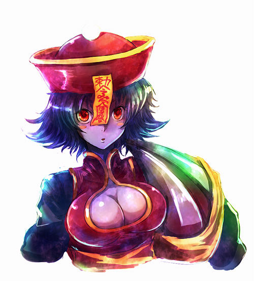 kara (color), hsien-ko, capcom, darkstalkers, 1girl, blue hair, blue skin, blush stickers, breasts, cleavage, cleavage cutout, clothing cutout, colored skin, female focus, hat, jiangshi, large breasts, ofuda, purple skin, qingdai guanmao, red eyes, simple background, solo
