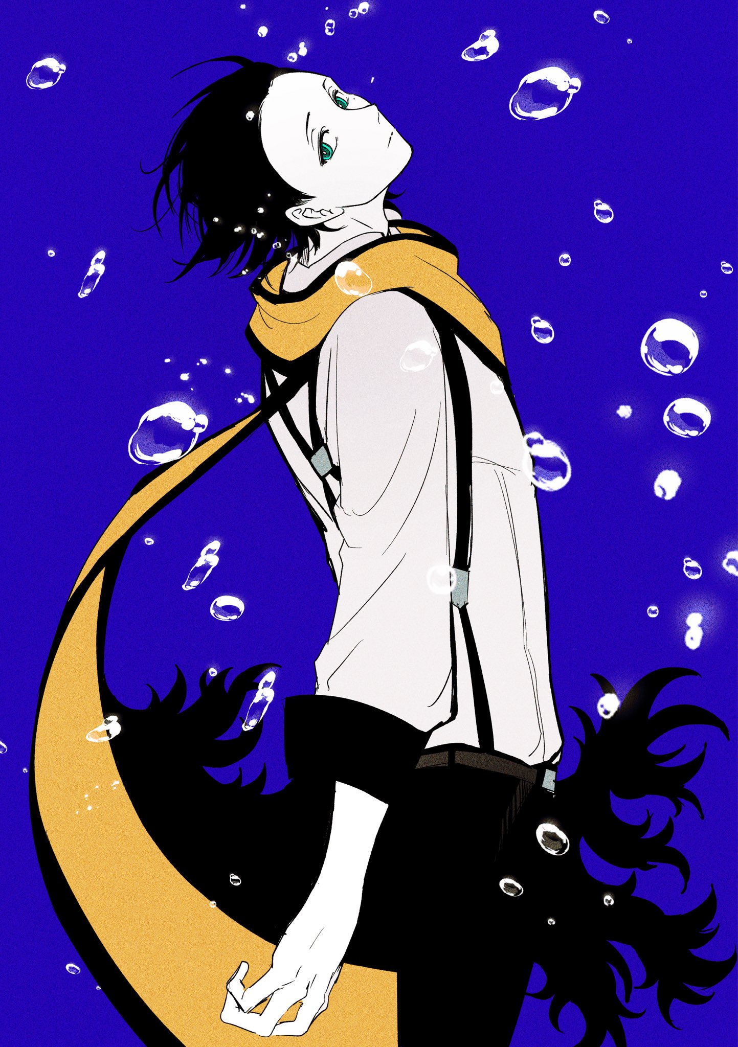 otoko haza, mochizuki ryouji, persona, persona 3, commentary request, highres, 1boy, air bubble, aqua eyes, belt, black hair, black pants, black trim, blue background, brown belt, bubble, closed mouth, hair slicked back, long scarf, long sleeves, looking back, male focus, pants, scarf, shirt, shirt tucked in, short hair, sleeve cuffs, solo, standing, suspenders, white shirt, yellow scarf