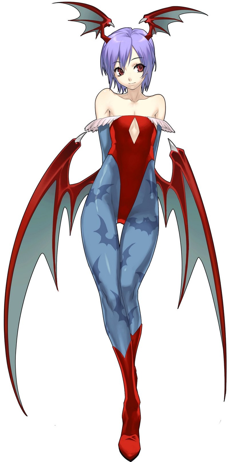 nakamura tatsunori, lilith (darkstalkers), capcom, cross edge, darkstalkers, highres, official art, 1girl, animal print, arms behind back, bare shoulders, bat print, bat wings, blue pantyhose, boots, breasts, bridal gauntlets, cleavage cutout, clothing cutout, demon girl, female focus, flat chest, full body, fur trim, head wings, highleg, highleg leotard, knee boots, leotard, long legs, pantyhose, parted bangs, pink eyes, print pantyhose, purple hair, red eyes, red leotard, short hair, simple background, small breasts, smile, solo, standing, thigh gap, thighs, underboob, wings