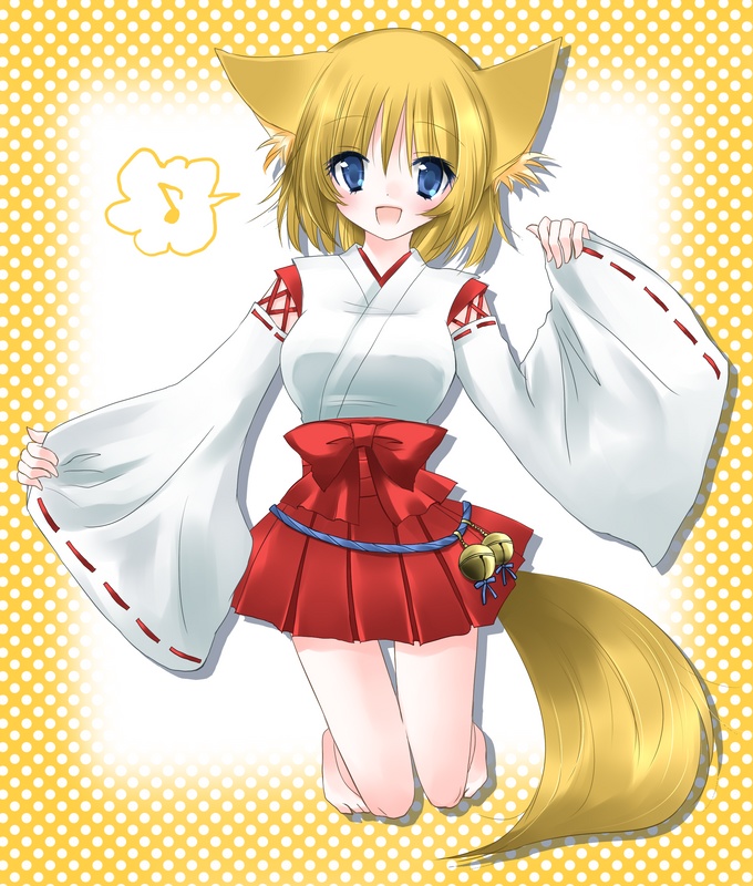 1girl, adapted uniform, animal ears, barefoot, blonde hair, blue eyes, female focus, fox ears, fox tail, japanese clothes, kneeling, miko, short hair, solo, tail