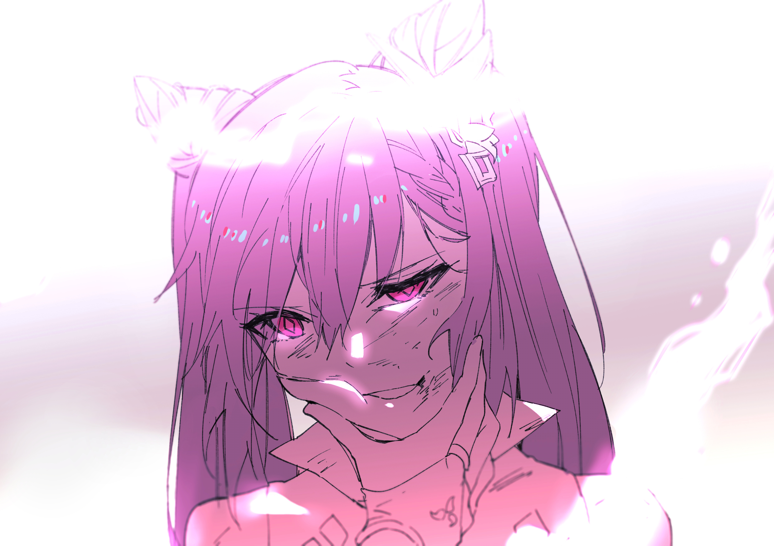 fare, keqing (genshin impact), raiden shogun, genshin impact, highres, mixed-language commentary, 2girls, beaten, blurry, blurry background, bridal gauntlets, bruise, captured, cheek squash, collarbone, damaged, defeat, electricity, female pov, hair between eyes, hands on another's cheeks, hands on another's face, head tilt, implied yuri, injury, monochrome, multiple girls, partially colored, pov, pov hands, purple eyes, purple hair, restrained, shade, smile, solo focus, teeth, twintails, upper body