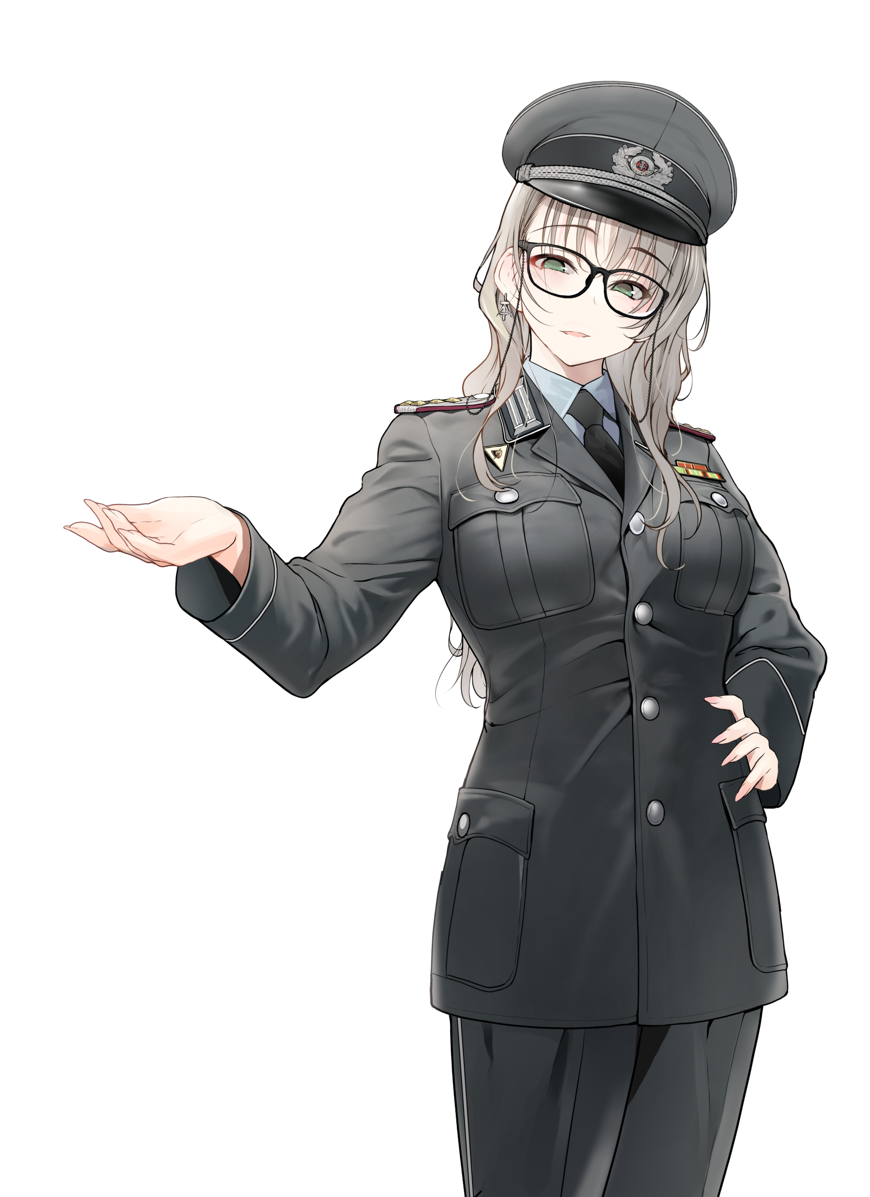 samazuka mashiro, original, commentary request, highres, 1girl, black-framed eyewear, black hat, black jacket, black necktie, black pants, blonde hair, breast pocket, breasts, buttons, collared shirt, earrings, glasses, green eyes, hand on own hip, hat, jacket, jewelry, large breasts, long sleeves, military dress uniform, military uniform, nationale volksarmee, necktie, pants, peaked cap, pocket, ribbon bar, shirt, shoulder boards, simple background, solo, standing, white background, white shirt