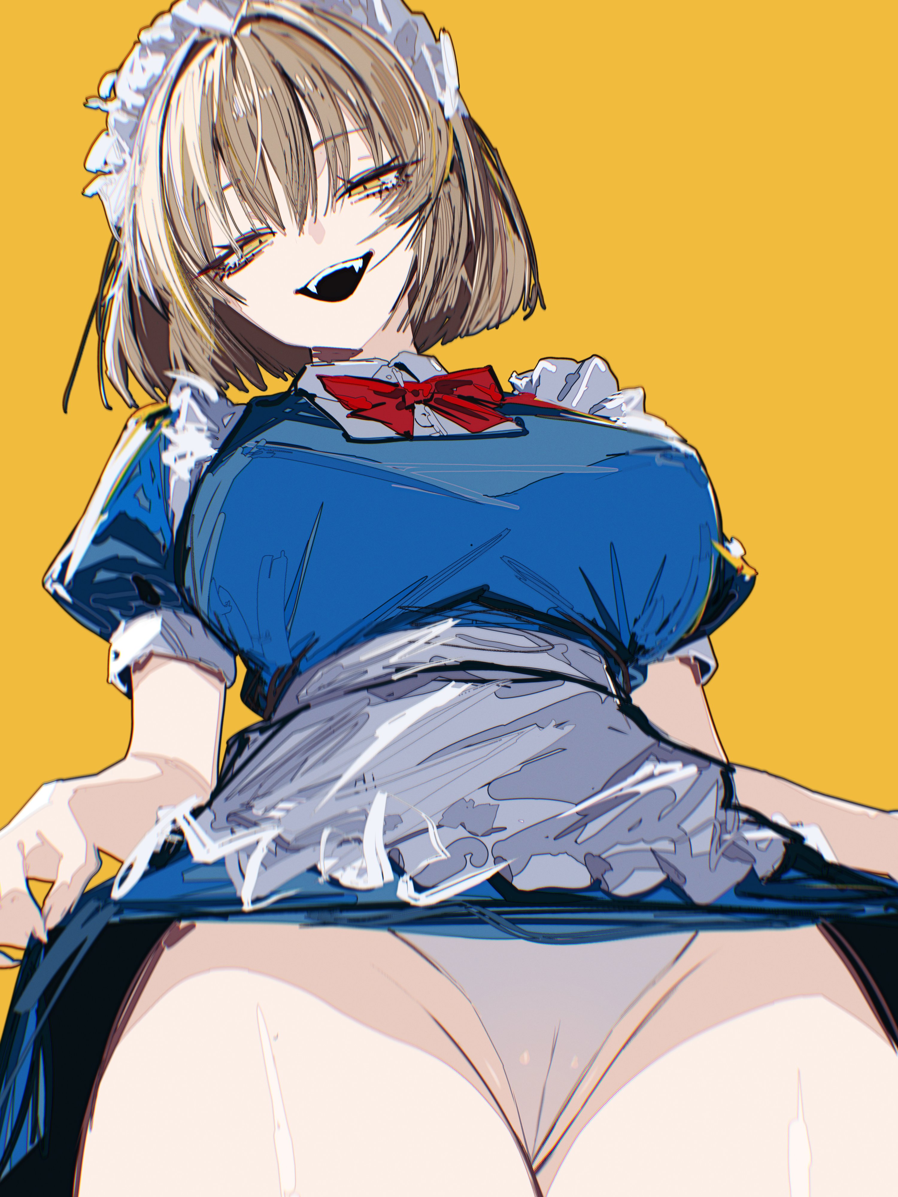 vxdrq, mugetsu (touhou), touhou, touhou (pc-98), absurdres, commentary, highres, 1girl, apron, blonde hair, blue dress, bow, bowtie, breasts, cameltoe, clothes lift, cowboy shot, dress, dress lift, fangs, from below, large breasts, lifting own clothes, maid, maid apron, maid headdress, open mouth, orange background, panties, puffy short sleeves, puffy sleeves, red bow, red bowtie, short hair, short sleeves, simple background, smile, solo, standing, teeth, traditional bowtie, underwear, upper teeth only, waist apron, white apron, white panties, wing collar, yellow eyes
