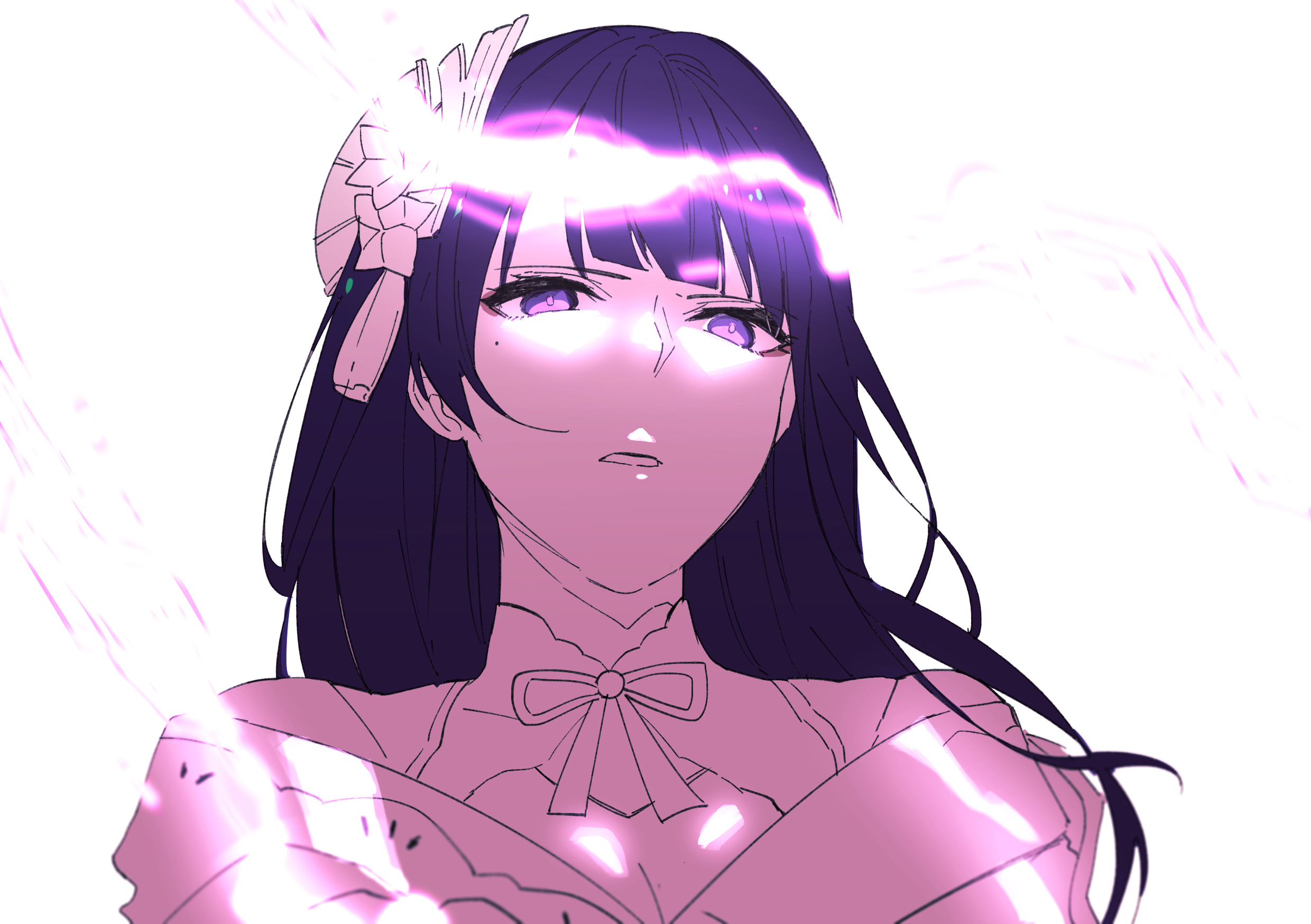 fare, raiden shogun, genshin impact, highres, mixed-language commentary, 1girl, blunt bangs, breasts, cleavage, clothing cutout, electricity, female pov, from below, hair ornament, head tilt, implied yuri, japanese clothes, kimono, large breasts, long hair, looking down, mole, mole under eye, monochrome, neck ribbon, off shoulder, parted lips, pov, purple eyes, purple hair, ribbon, shade, shoulder cutout, solo, standing, teeth, upper body, white background