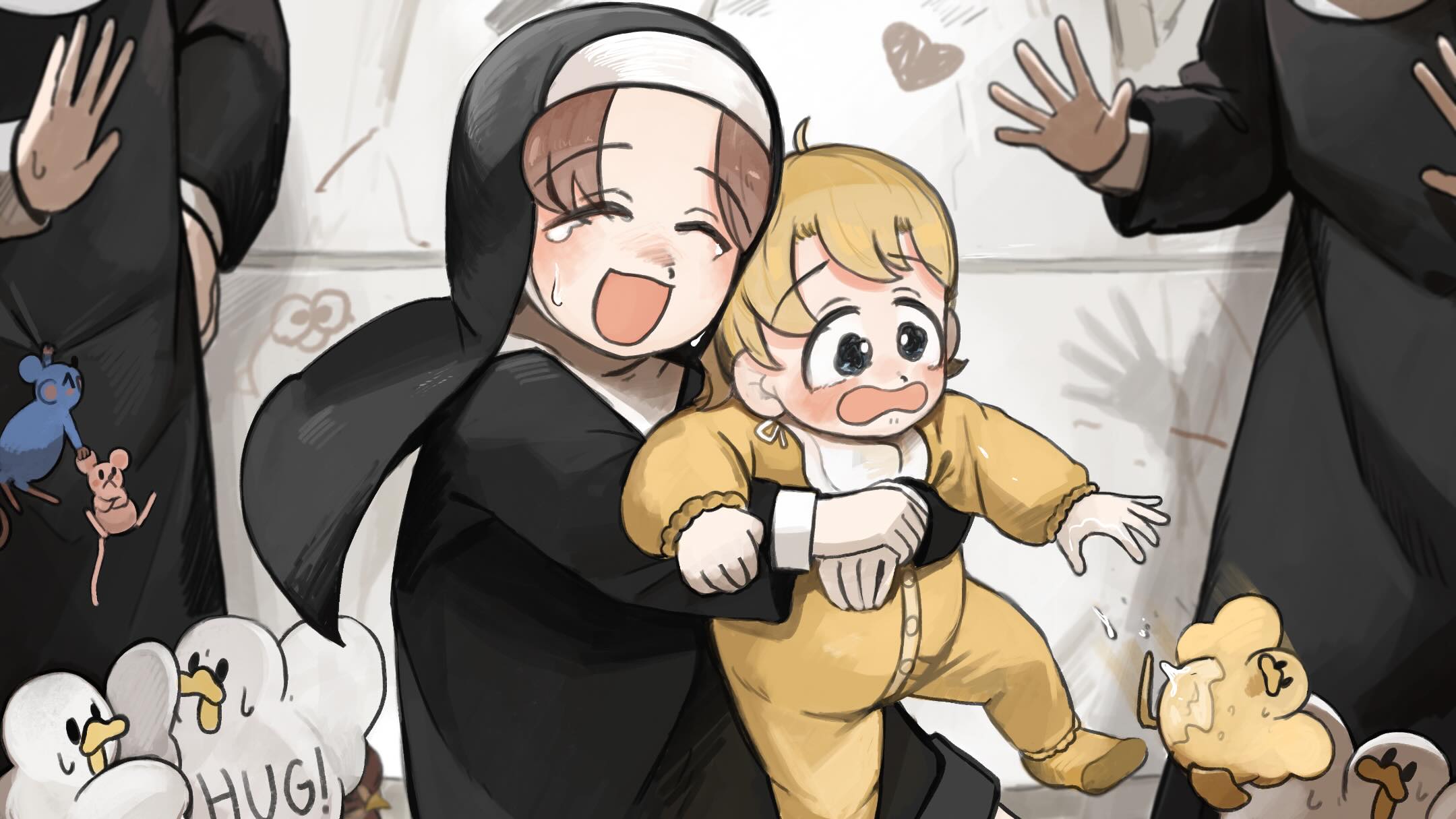 diva (hyxpk), clumsy nun (diva), hungry nun (diva), little nuns (diva), commentary, english commentary, highres, 4girls, :d, aged down, baby, baby animal, bird, blonde hair, blue eyes, brown hair, chicken, closed eyes, dropping, duck, duckling, head out of frame, hug, lifting person, mouse (animal), multiple girls, nun, open mouth, smile, traditional nun