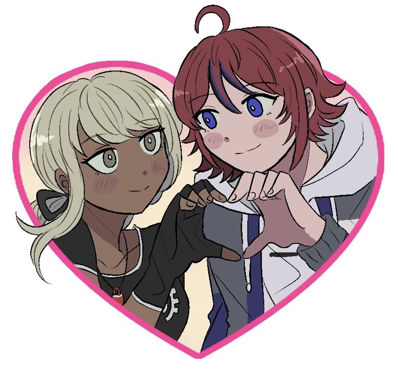 nana (7starssovereign), kawana tsubasa, sumino takumi, the hundred line -last defense academy-, commentary, commission, english commentary, second-party source, 1boy, 1girl, black gloves, black hair, blush stickers, couple, dark-skinned female, dark skin, fingerless gloves, gloves, grey eyes, grey hair, heart, heart hands, heart hands duo, hood, hood down, hoodie, long hair, looking at another, multicolored hair, purple eyes, red hair, smile, streaked hair, two-tone hair