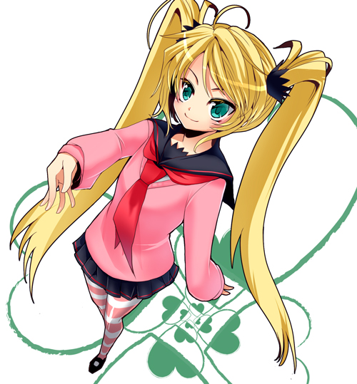 yui tooru, original, 1girl, blonde hair, female focus, from above, green eyes, hair ornament, long hair, pantyhose, school uniform, serafuku, skirt, solo, striped clothes, striped pantyhose, twintails