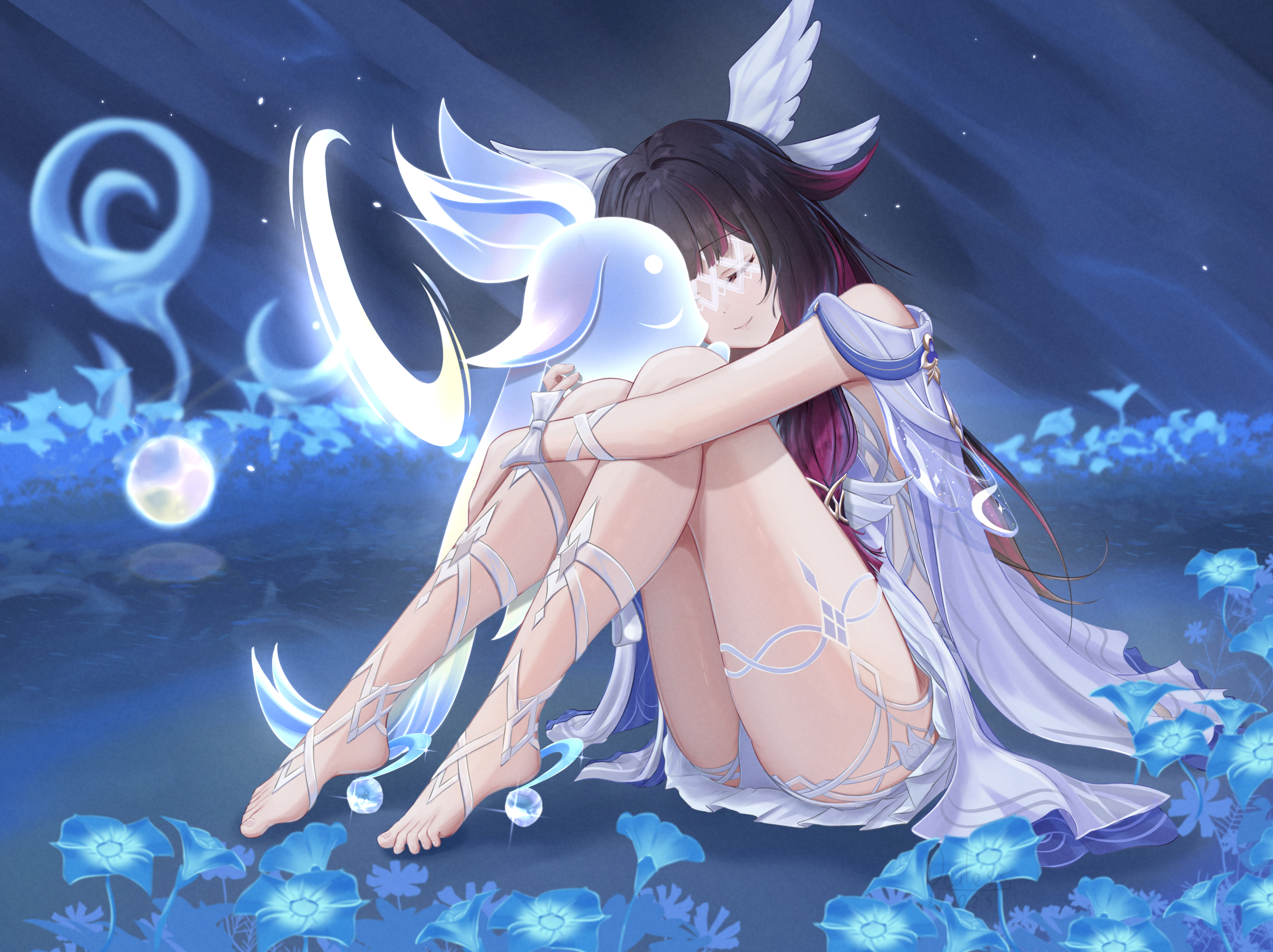 dealesis, columbina (genshin impact), genshin impact, commentary, english commentary, highres, 1girl, barefoot, black hair, blue flower, blurry, blurry background, closed mouth, colored inner hair, dress, eye mask, feet, flower, full body, hair ornament, knees up, long hair, luonnotar (genshin impact), mask, multicolored hair, panties, purple hair, sitting, smile, streaked hair, thighs, toes, two-tone hair, underwear, white dress, white panties, wing hair ornament