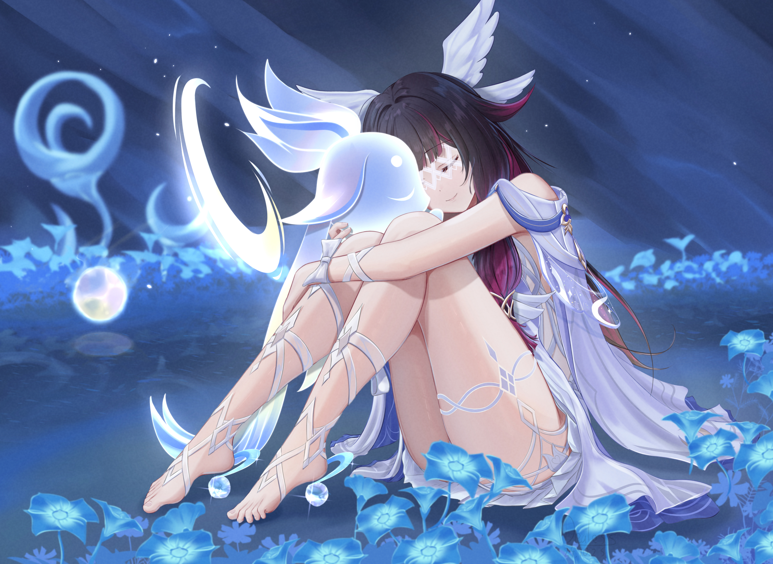 dealesis, columbina (genshin impact), genshin impact, commentary, english commentary, highres, 1girl, barefoot, black hair, blue flower, blurry, blurry background, closed mouth, colored inner hair, dress, eye mask, feet, flower, full body, hair ornament, knees up, long hair, luonnotar (genshin impact), mask, multicolored hair, purple hair, sitting, smile, streaked hair, thighs, toes, two-tone hair, white dress, wing hair ornament