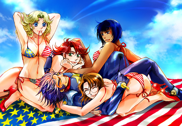 isi88, jobo (isi88), bunny higgins, cath ronary, chibodee crocket, janet smith, shirley lane, g gundam, gundam, bad id, bad pixiv id, 1990s (style), 1boy, 4girls, american flag, american flag bikini, american flag print, american flag swimsuit, bikini, black eyes, black hair, blonde hair, blue eyes, blue hair, bodysuit, breasts, brown hair, closed eyes, cloud, dark skin, day, flag print, flag print bikini, glasses, green eyes, harem, high heels, large breasts, long hair, manly, medium breasts, mouth hold, multiple girls, pimp, print bikini, red hair, retro artstyle, shoes, short hair, side-tie bikini bottom, sky, smile, string bikini, swimsuit, united states