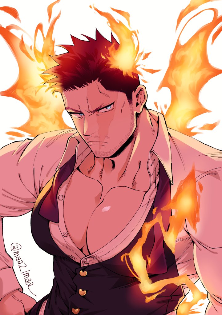 ma (maa21maa), endeavor (boku no hero academia), boku no hero academia, commentary, symbol-only commentary, 1boy, bara, beard stubble, black vest, blue eyes, buttons, closed mouth, collarbone, collared shirt, covered pectorals, facial hair, fiery wings, fire, frown, hand on own hip, looking to the side, male focus, open clothes, open shirt, pectoral cleavage, pectorals, red hair, scar, scar across eye, scar on face, shirt, short hair, short sideburns, sideways glance, solo, spiked hair, stubble, tight clothes, twitter username, upper body, vest, white background, white shirt, wing collar, wings
