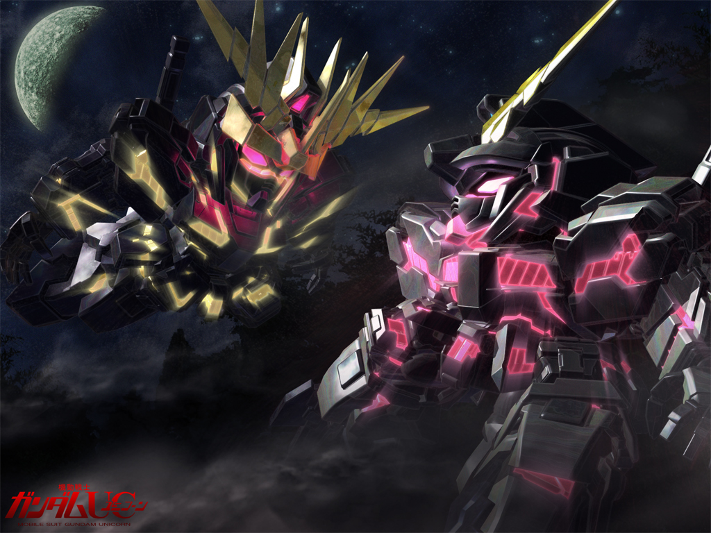 a mituhashi, unicorn gundam, unicorn gundam banshee, gundam, gundam unicorn, sd gundam, chibi, fog, mecha, moon, nt-d, robot