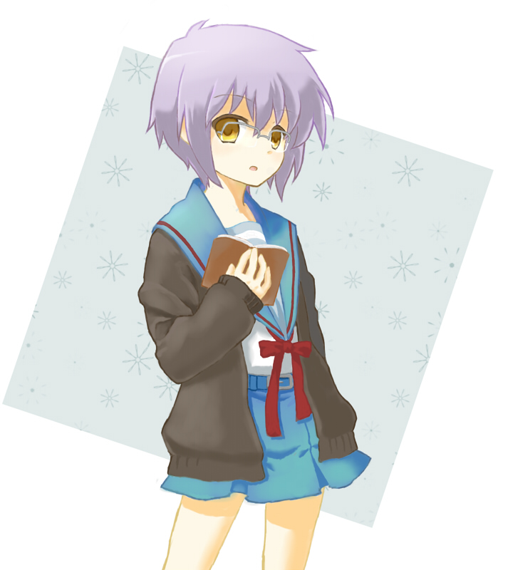 boroko, nagato yuki, suzumiya haruhi no yuuutsu, 00s, book, brown eyes, cardigan, glasses, grey hair, school uniform, serafuku, short hair, solo