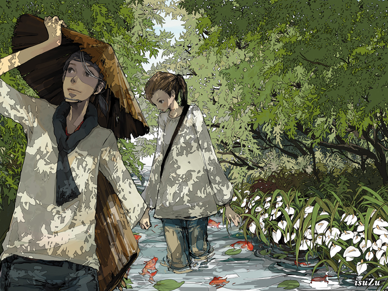 isuzu (uzushi), original, 1boy, 1girl, cala lily, dappled sunlight, fish, flower, forest, hat, lily (flower), nature, rice hat, river, scenery, shade, stream, sunlight, tree, tree shade, wading, water, wet, wet clothes