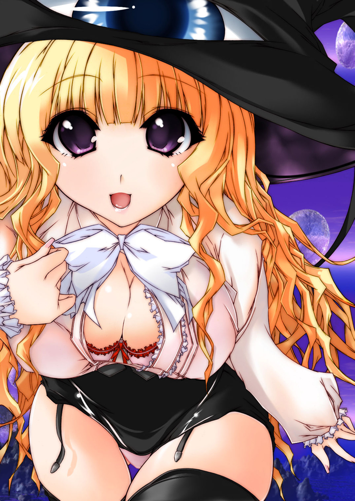 suzumiya botan, lilith (yamibou), yami to boushi to hon no tabibito, bad id, bad pixiv id, 00s, 1girl, black thighhighs, blonde hair, bra, breasts, cleavage, eyeball, female focus, garter belt, garter straps, hat, large breasts, lingerie, long hair, looking at viewer, miniskirt, open mouth, panties, pencil skirt, pink panties, purple eyes, skirt, smile, solo, thigh gap, thighhighs, thighs, underwear, very long hair, witch hat, zettai ryouiki