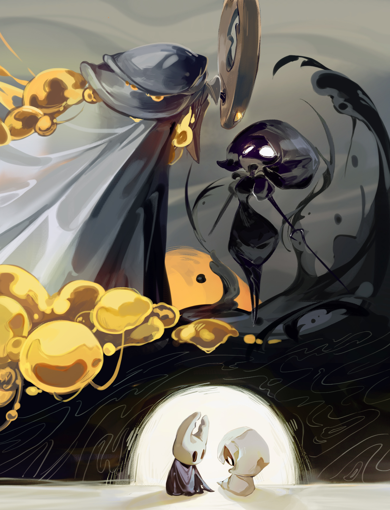 hollow knight (character), knight (hollow knight), lace (hollow knight), hollow knight, hollow knight: silksong, highres, spoilers, arthropod girl, black eyes, black skin, blankowalska, cloak, colored skin, empty eyes, glowing, glowing eyes, grey cloak, hollow eyes, horns, looking at another, lost lace, mask, pin (hollow knight), sitting, white eyes, white mask, yellow eyes