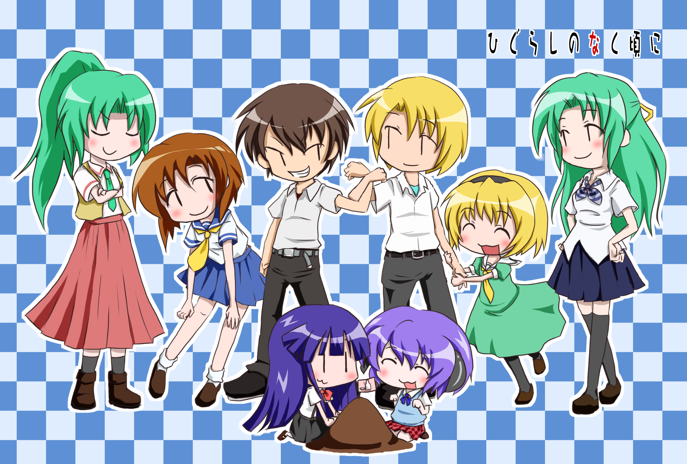 cuphea, furude rika, hanyuu, houjou satoko, houjou satoshi, maebara keiichi, ryuuguu rena, sonozaki mion, sonozaki shion, higurashi no naku koro ni, highres, 00s, 2boys, 6+girls, blonde hair, chibi, half updo, hill, multiple boys, multiple girls, pantyhose, school uniform, serafuku, siblings, sisters, twins, | |