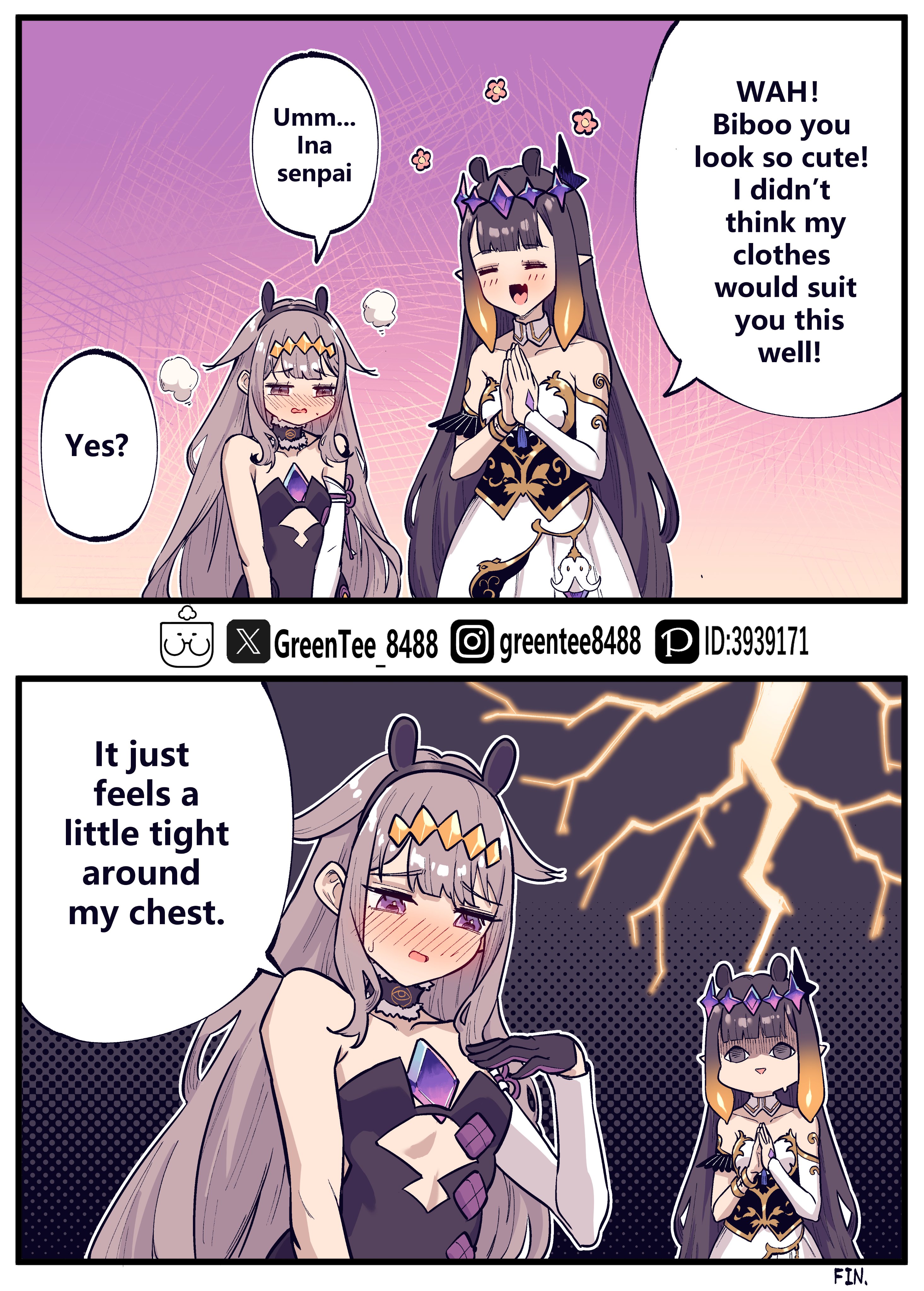 zetsuental, koseki bijou, koseki bijou (1st costume), ninomae ina'nis, ninomae ina'nis (1st costume), hololive, hololive english, absurdres, highres, 2girls, animal ears, blunt bangs, blush, breast conscious, breasts, bridal gauntlets, chest jewel, choker, cosplay, costume switch, detached sleeves, diamond hairband, dress, flat chest, fur-trimmed choker, fur-trimmed collar, fur trim, gem, gem hair ornament, gradient hair, grey hair, halo, height difference, koseki bijou (cosplay), long hair, mole, mole under eye, multicolored gemstone, multicolored hair, multiple girls, nervous sweating, ninomae ina'nis (cosplay), open mouth, orange hair, pointy ears, purple eyes, purple gemstone, purple hair, sidelocks, single arm guard, single bridal gauntlet, single detached sleeve, small breasts, smile, strapless, strapless dress, sweat, tentacle hair, tentacles, tube dress, turn pale, very long hair, virtual youtuber, white bridal gauntlets, white dress