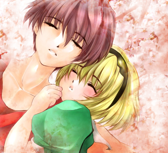 houjou satoko, maebara keiichi, higurashi no naku koro ni, non-web source, 00s, blonde hair, brown hair, closed eyes, dress, hairband, short hair