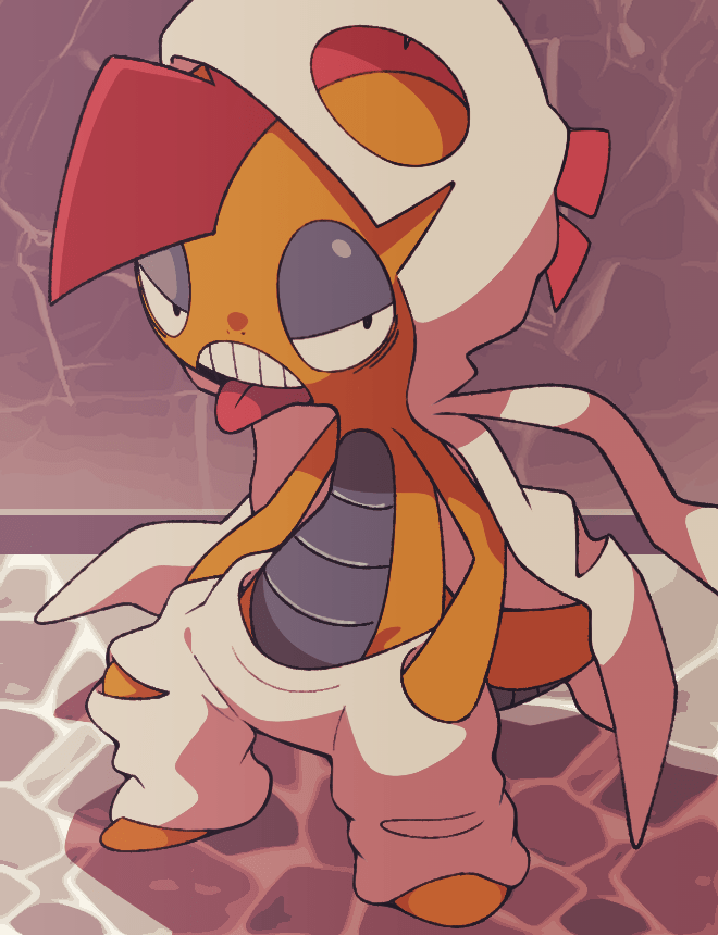 minashirazu, mega scrafty, scrafty, nintendo, pokemon, commentary request, :p, colored skin, full body, gen 5 pokemon, hands in pockets, hood, hood up, looking at viewer, orange skin, pokemon (creature), pokemon focus, standing, teeth, tongue, tongue out, upper teeth only