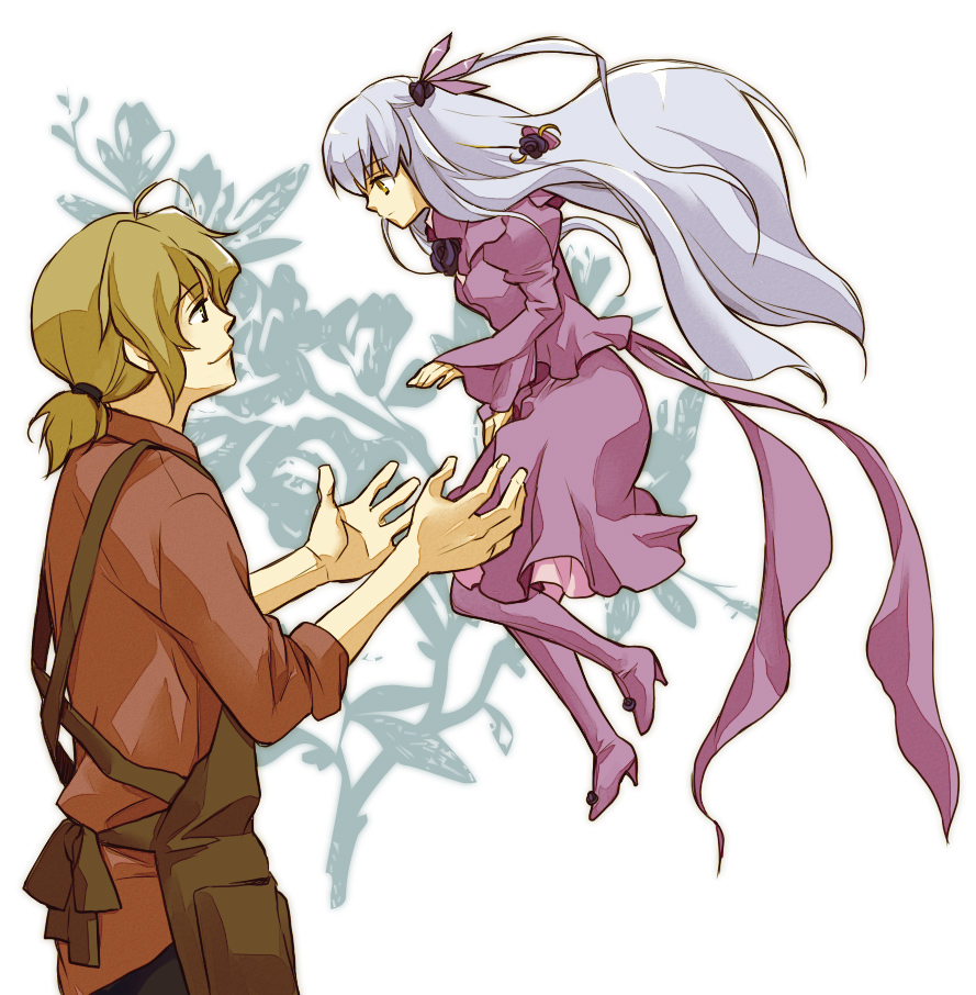 dorei k, enju (rozen maiden), barasuishou, rozen maiden, 00s, 1boy, 1girl, blonde hair, dress, father and daughter, flower, gothic lolita, hair flower, hair ornament, lolita fashion, long hair, purple hair, twintails, two side up, very long hair