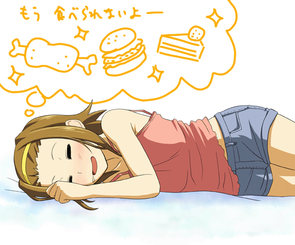 unyon, tainaka ritsu, k-on!, bad id, bad pixiv id, translation request, 00s, 1girl, = =, boned meat, brown hair, burger, cake, casual, denim, denim shorts, dreaming, female focus, food, hairband, meat, pastry, saliva, short hair, short shorts, shorts, sleeping, solo, tank top, tomboy, white background