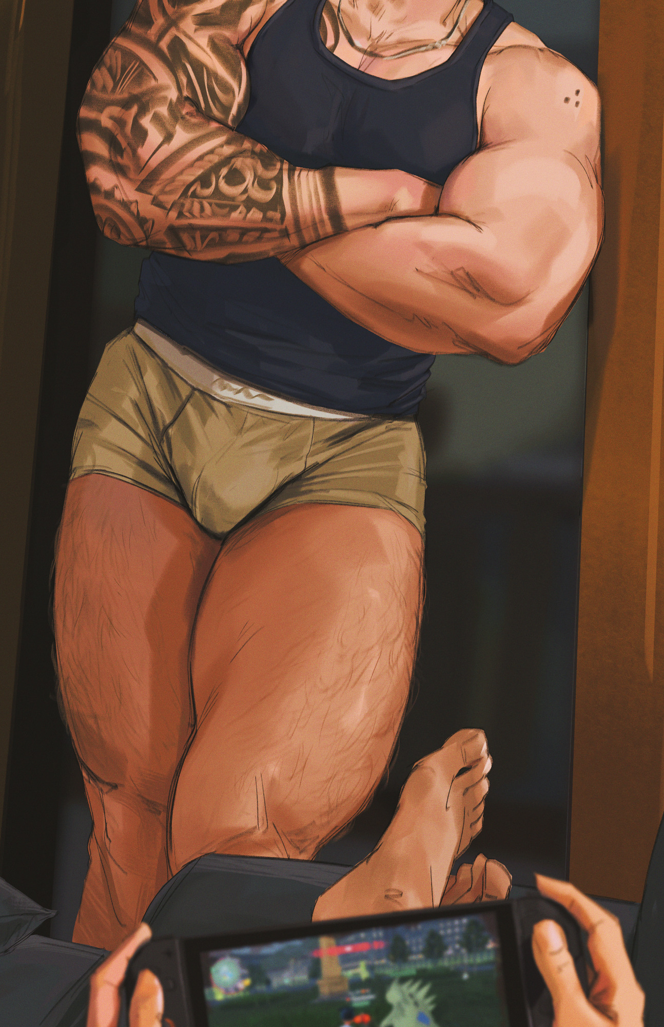 hoonzino, nintendo, pokemon, pokemon legends: z-a, highres, 1boy, arm tattoo, bara, barefoot, biceps, black tank top, boxer briefs, broad shoulders, bulge, crossed arms, green male underwear, head out of frame, jewelry, leg hair, male focus, male underwear, muscular, muscular male, necklace, nintendo switch, playing games, shoulder tattoo, tank top, tattoo, thick arms, thick thighs, thighs, tight clothes, underwear