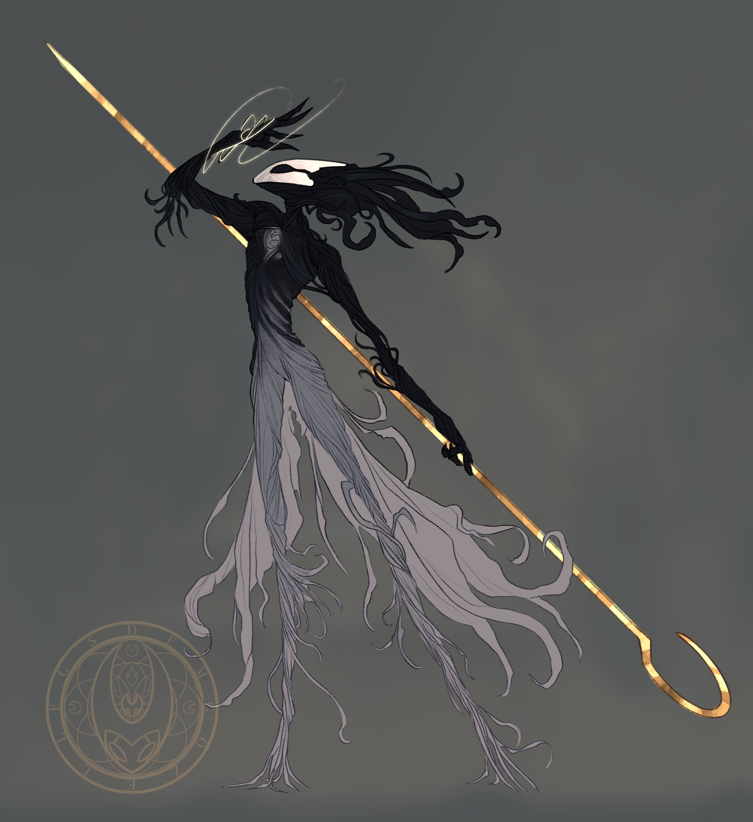 phantom (hollow knight), hollow knight, hollow knight: silksong, absurdres, commentary, english commentary, highres, 1other, black eyes, demgozellegs, grey background, holding, holding weapon, looking up, other focus, pin (hollow knight), standing, weapon, white mask