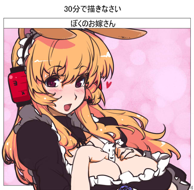 dameyo, original, bad id, bad pixiv id, translated, 1girl, animal ears, between breasts, blush, breasts, cleavage, female focus, hairband, heart, jewelry, large breasts, long hair, maid, open mouth, rabbit ears, ring, solo