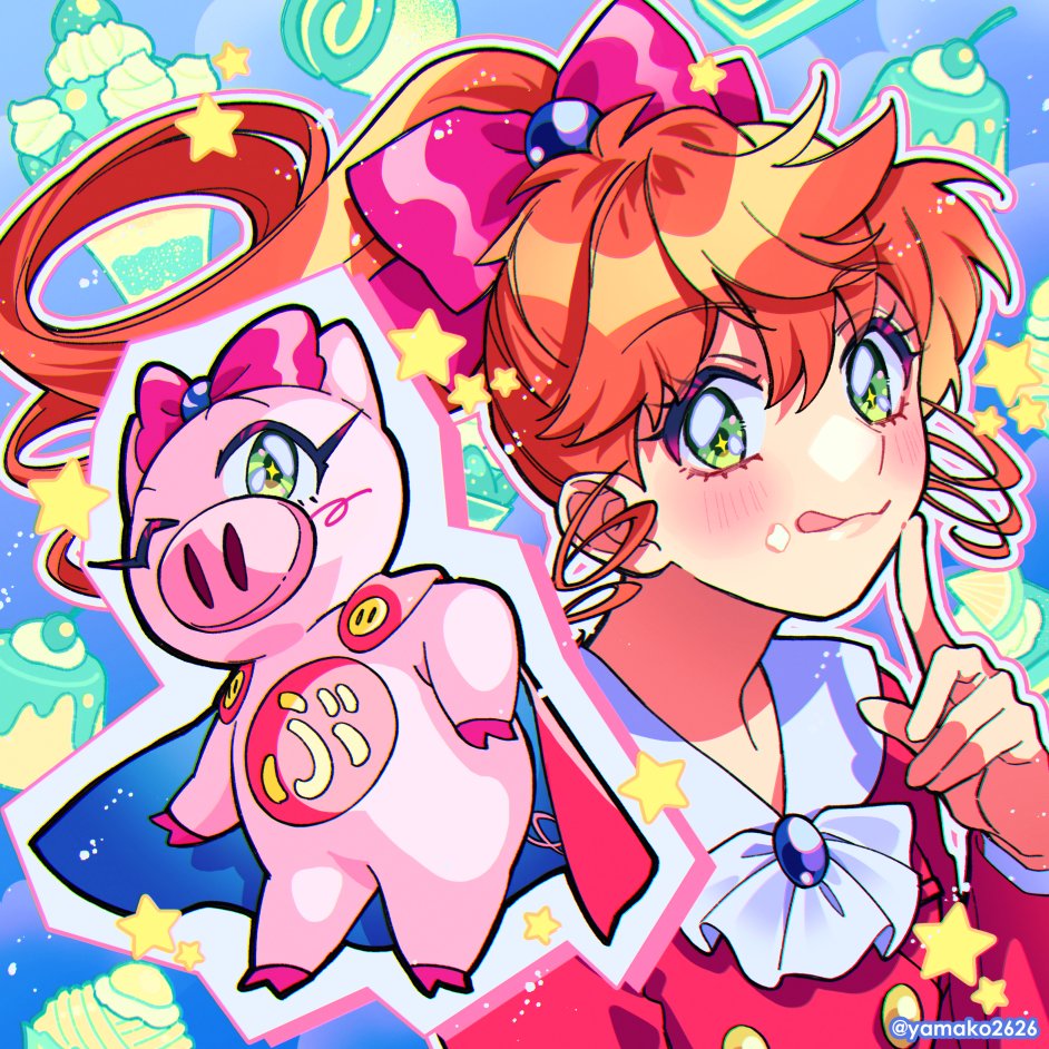 yamako (state of children), buurin (tonde buurin), kokubu karin, tonde buurin, blue background, bow, drill hair, drill sidelocks, green eyes, hair bow, long hair, neckerchief, one eye closed, pig, ponytail, red bow, red hair, red shirt, sailor collar, school uniform, serafuku, shirt, sidelocks, superhero costume, tongue, tongue out, twitter username, upper body, white neckerchief, white sailor collar