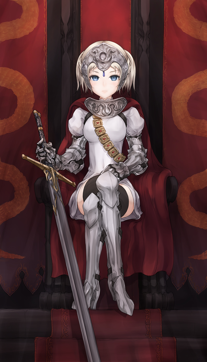 kazuoki, 1girl, armor, crossed legs, fantasy, female focus, gloves, headpiece, sitting, solo, sword, thighhighs, throne, weapon