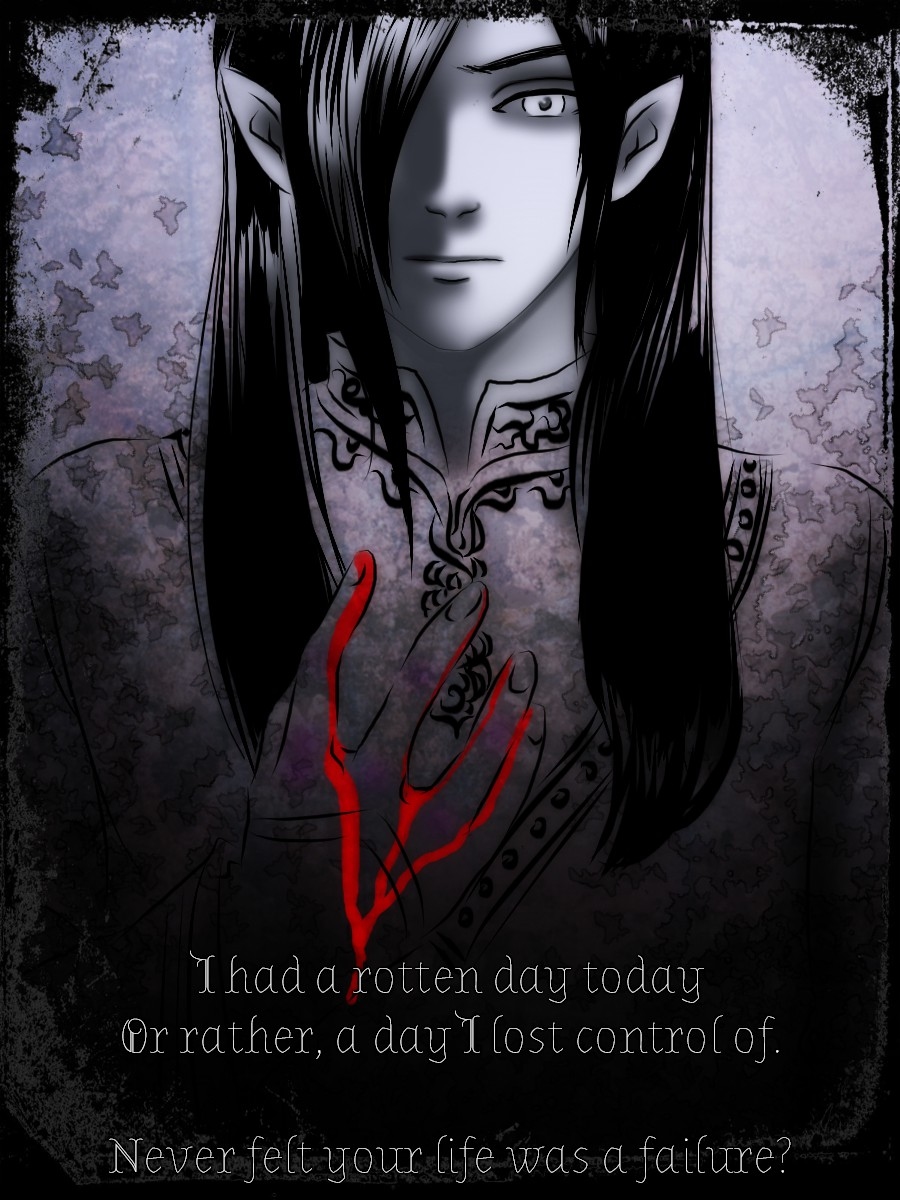 cinemairon, caranthir, the silmarillion, tolkien's legendarium, highres, 1boy, black hair, blood, blood on hands, closed mouth, elf, english text, hand up, looking at viewer, male focus, one eye covered, pointy ears, solo