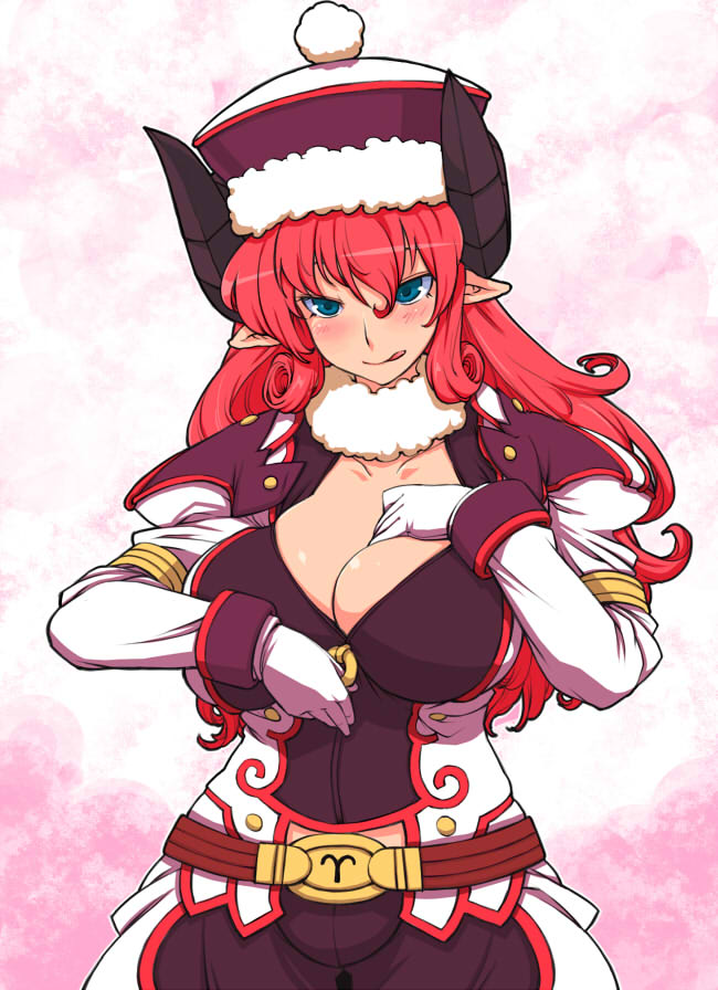 dameyo, aries mesarthim, merusatimu, shinrabanshou, bad id, bad pixiv id, 1girl, :p, aries (zodiac), blue eyes, blush, breasts, cleavage, female focus, gloves, hat, horns, large breasts, long hair, pink hair, pointy ears, solo, tongue, tongue out, zodiac
