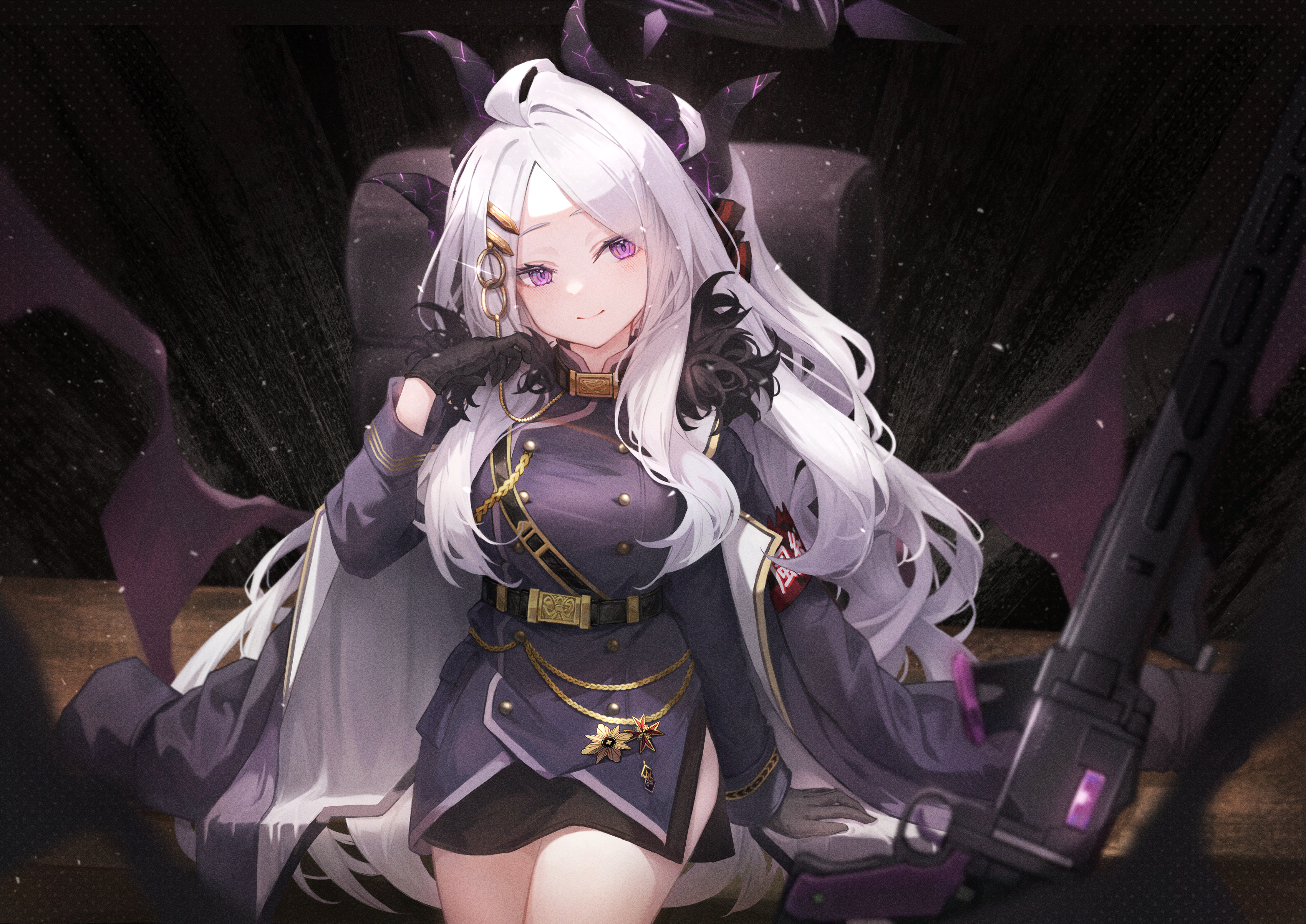 magaqq123, hina (blue archive), blue archive, absurdres, highres, 1girl, ahoge, black gloves, black skirt, blush, closed mouth, coat, coat on shoulders, demon girl, demon horns, demon wings, fur collar, gloves, horns, jacket, long hair, looking at viewer, ponytail, purple coat, purple eyes, purple jacket, skirt, smile, solo, white hair, wings