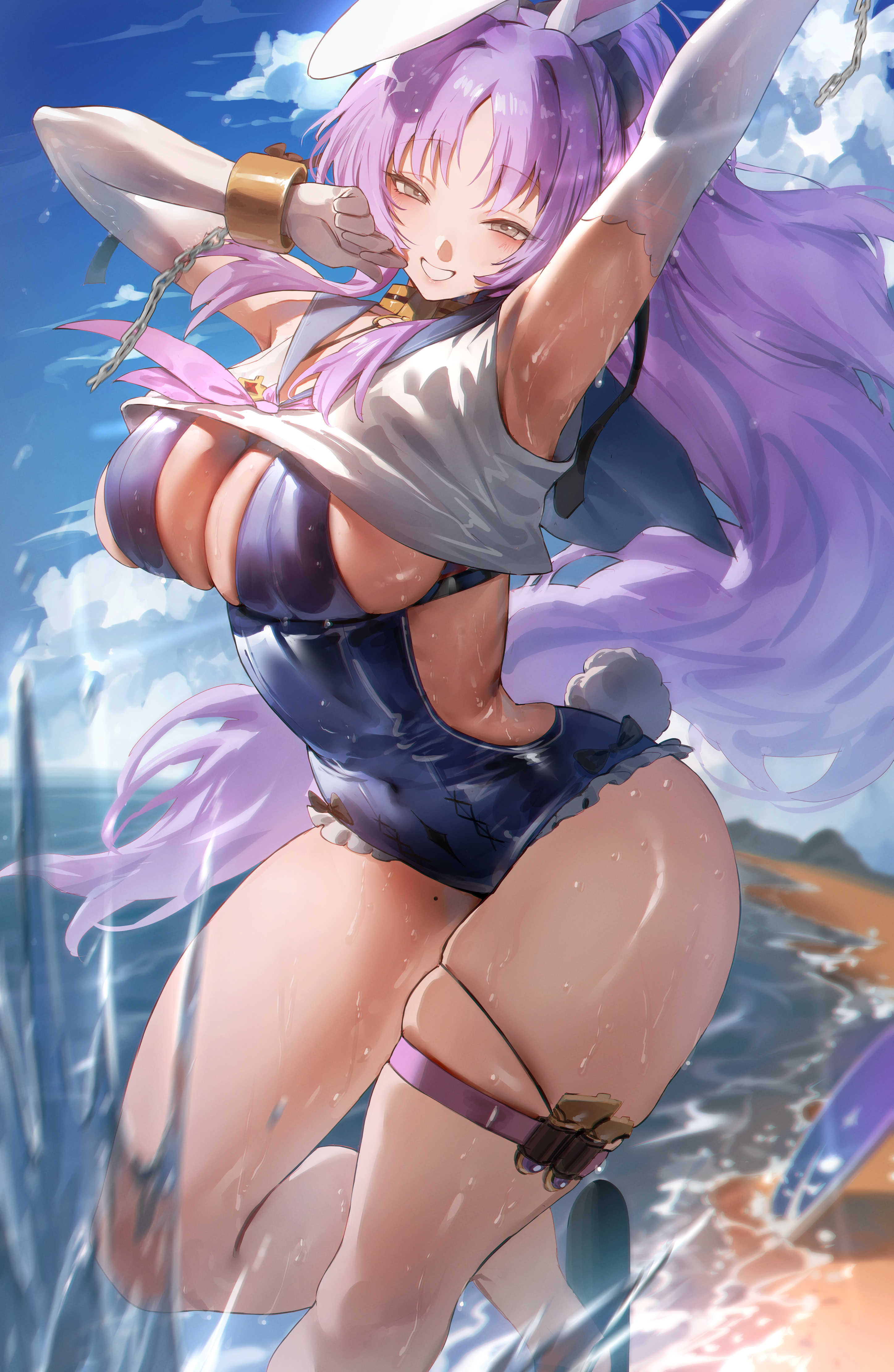 rororo, shia (stella sora), stella sora, absurdres, commentary, commission, english commentary, highres, 1girl, animal ears, arm up, beach, black bow, black ribbon, blue leotard, blue sailor collar, blue sky, blush, bow, bracelet, breasts, brown eyes, chain, cloud, cloudy sky, collarbone, covered navel, day, elbow gloves, frilled leotard, frills, gloves, grin, hair ribbon, huge breasts, jewelry, large breasts, leotard, long hair, looking at viewer, mole, mole on thigh, neckerchief, ocean, one-piece swimsuit, outdoors, parted bangs, pink hair, pink neckerchief, pouch, rabbit ears, rabbit tail, ribbon, sailor collar, sand, school uniform, serafuku, skindentation, sky, smile, solo, surfboard, swimsuit, tail, thigh pouch, thigh strap, thighs, white gloves, white serafuku