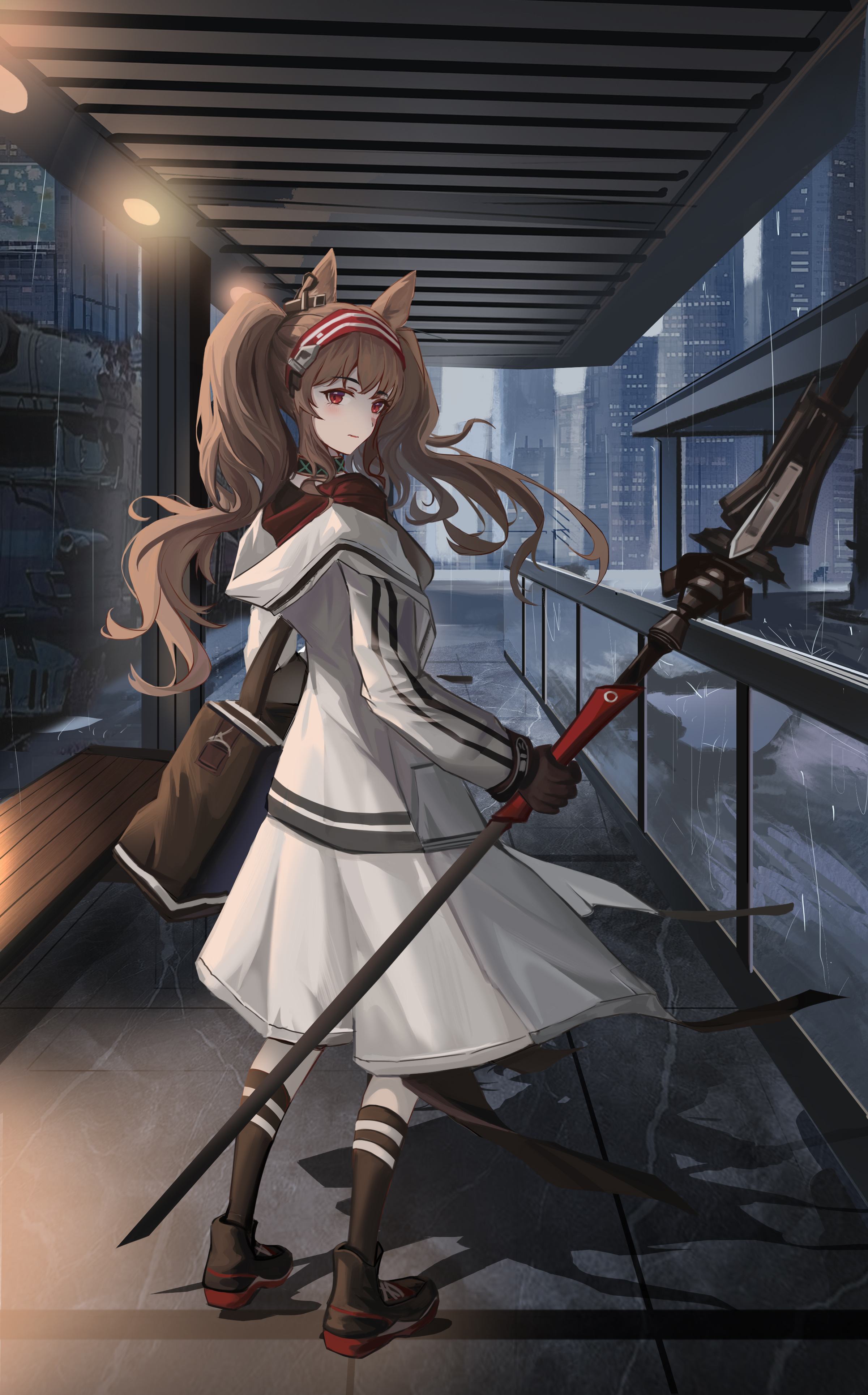jiang wu (user wewj7328), angelina (arknights), infection monitor (arknights), arknights, absurdres, chinese commentary, commentary, highres, 1girl, animal ears, bag, black bag, black collar, black shoes, black socks, brown hair, building, coat, collar, earpiece, floating hair, fox ears, fox girl, from behind, full body, hairband, holding, holding staff, indoors, jacket, kneehighs, long hair, looking at viewer, messenger bag, night, red eyes, red hairband, red jacket, reflection, shoes, shoulder bag, skyscraper, sneakers, socks, solo, staff, striped clothes, striped hairband, train, train station, twintails, two-tone hairband, white coat